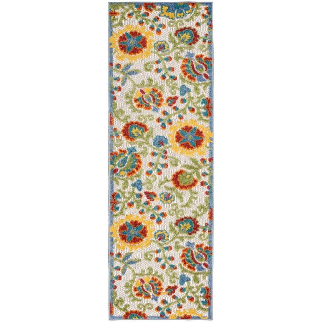 2' X 6' Floral Non Skid Indoor / Outdoor Runner Rug - Ivory Green Yellow