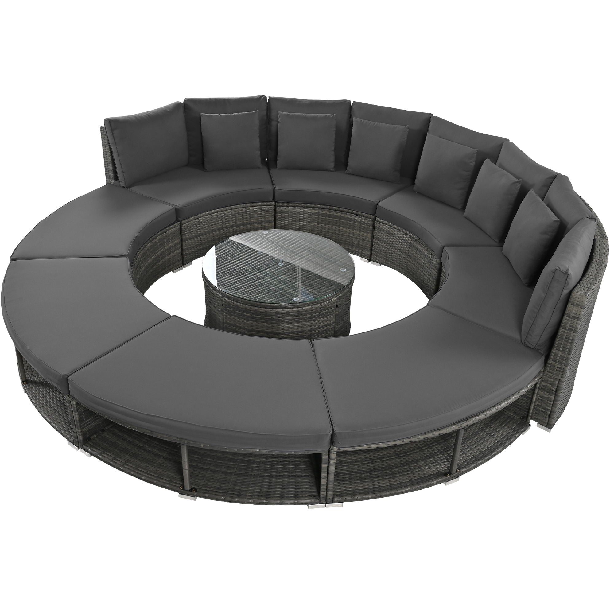 Outdoor Patio Furniture Luxury Circular Sofa Set Rattan Wicker Sectional Sofa Lounge Set With Tempered Glass Coffee Table, 6 Pillows