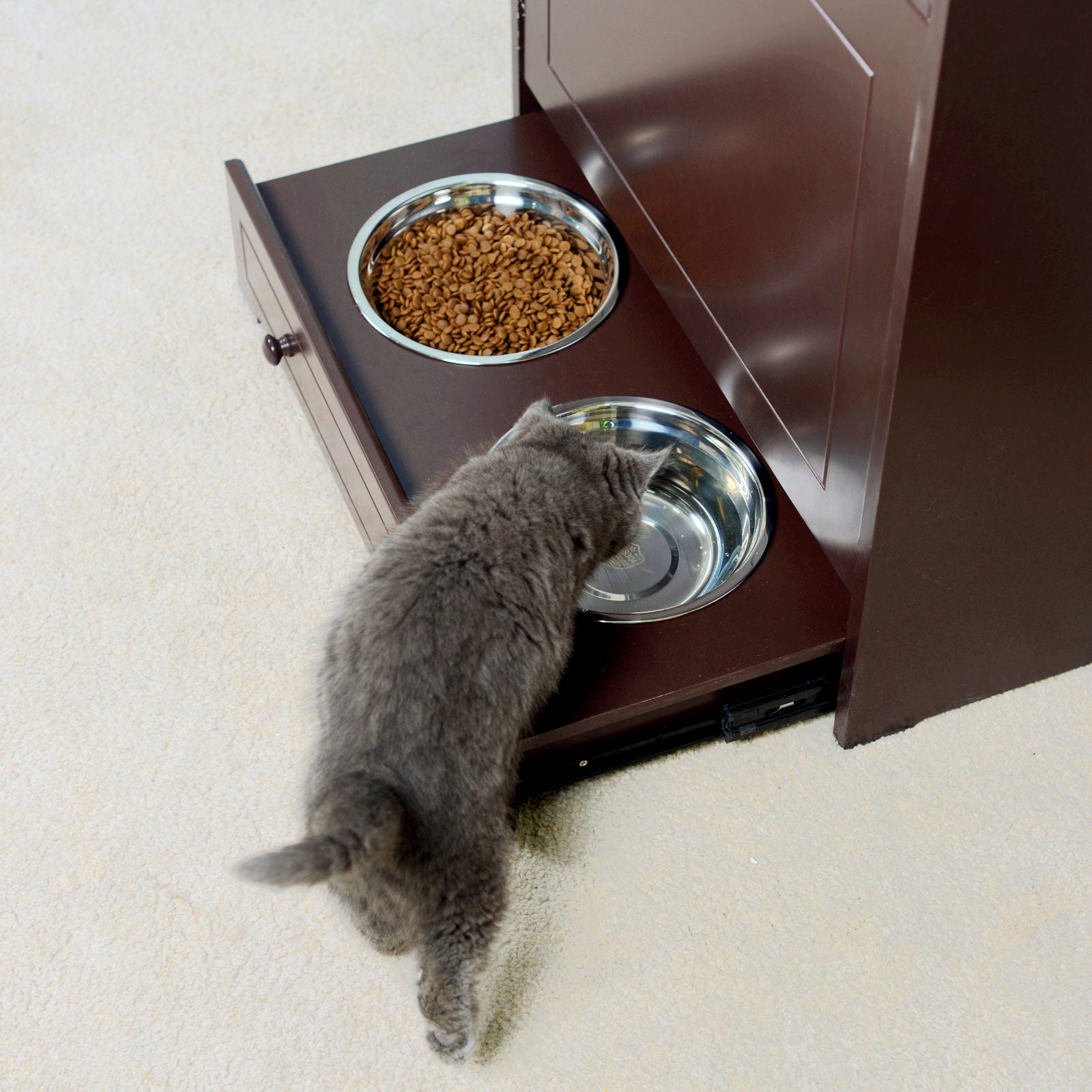 Pet Feeder Station With Storage, Waterproof Painted, Dog And Cat Feeder Cabinet With Stainless Bowl - Brown