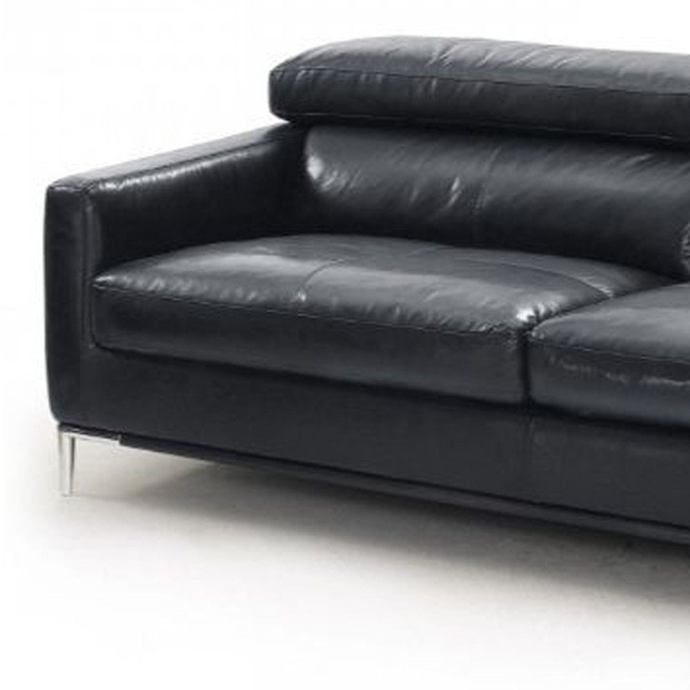 Genuine Leather Sofa With Silver Legs - Black