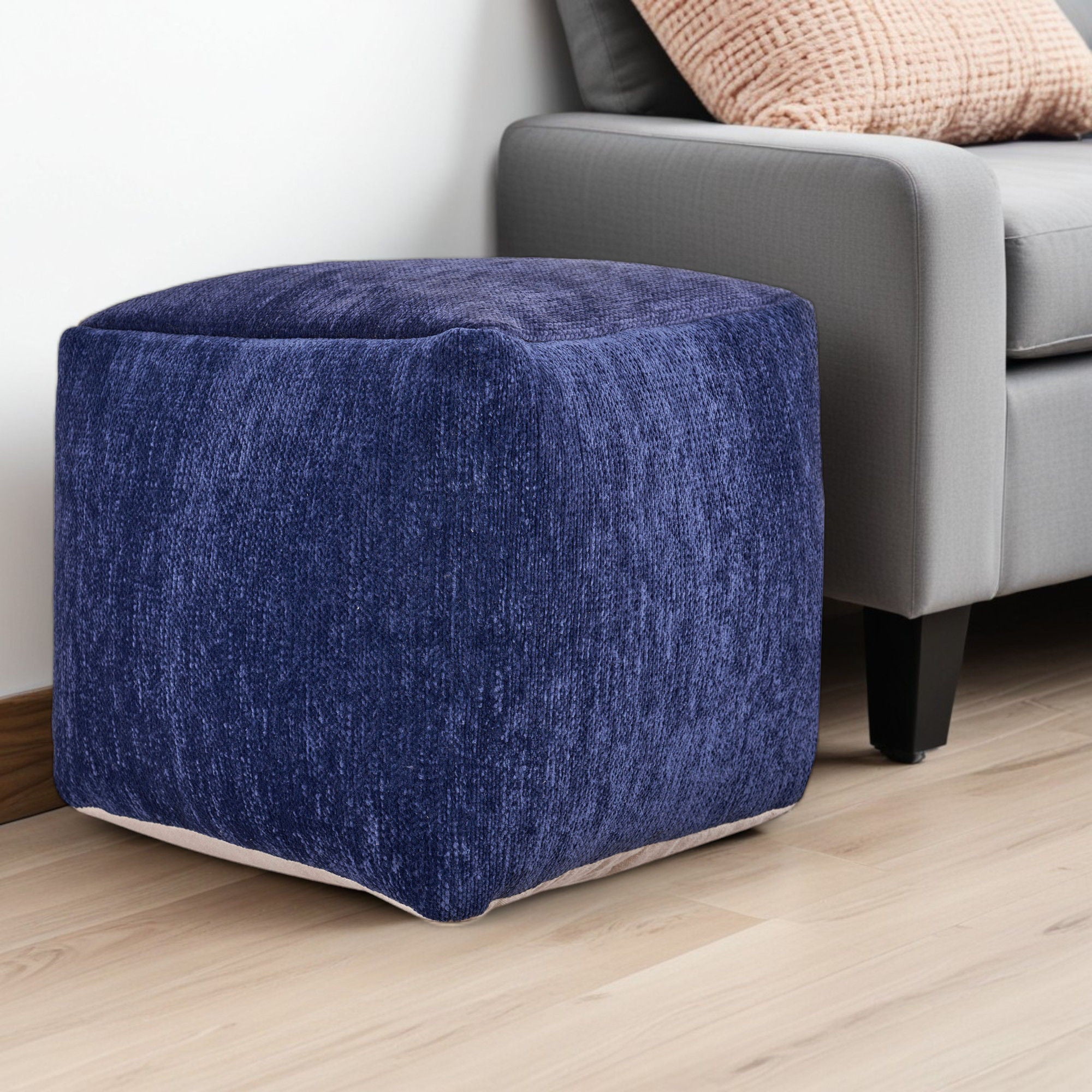 Chenille, Cube Pouf Ottoman - Blue