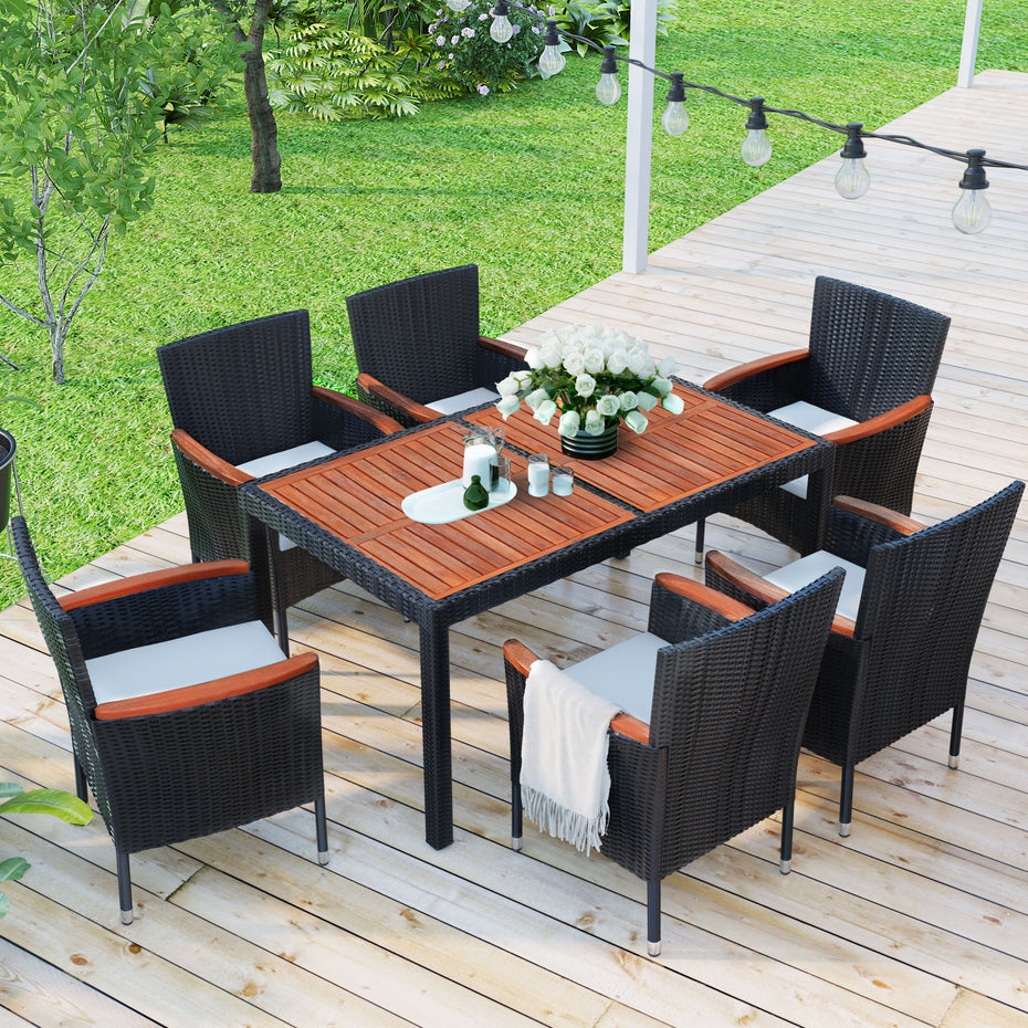 Outdoor Patio Dining Set, Garden PE Rattan Wicker Dining Table And Chairs Set, Acacia Wood Tabletop, Stackable Armrest Chairs With Cushions