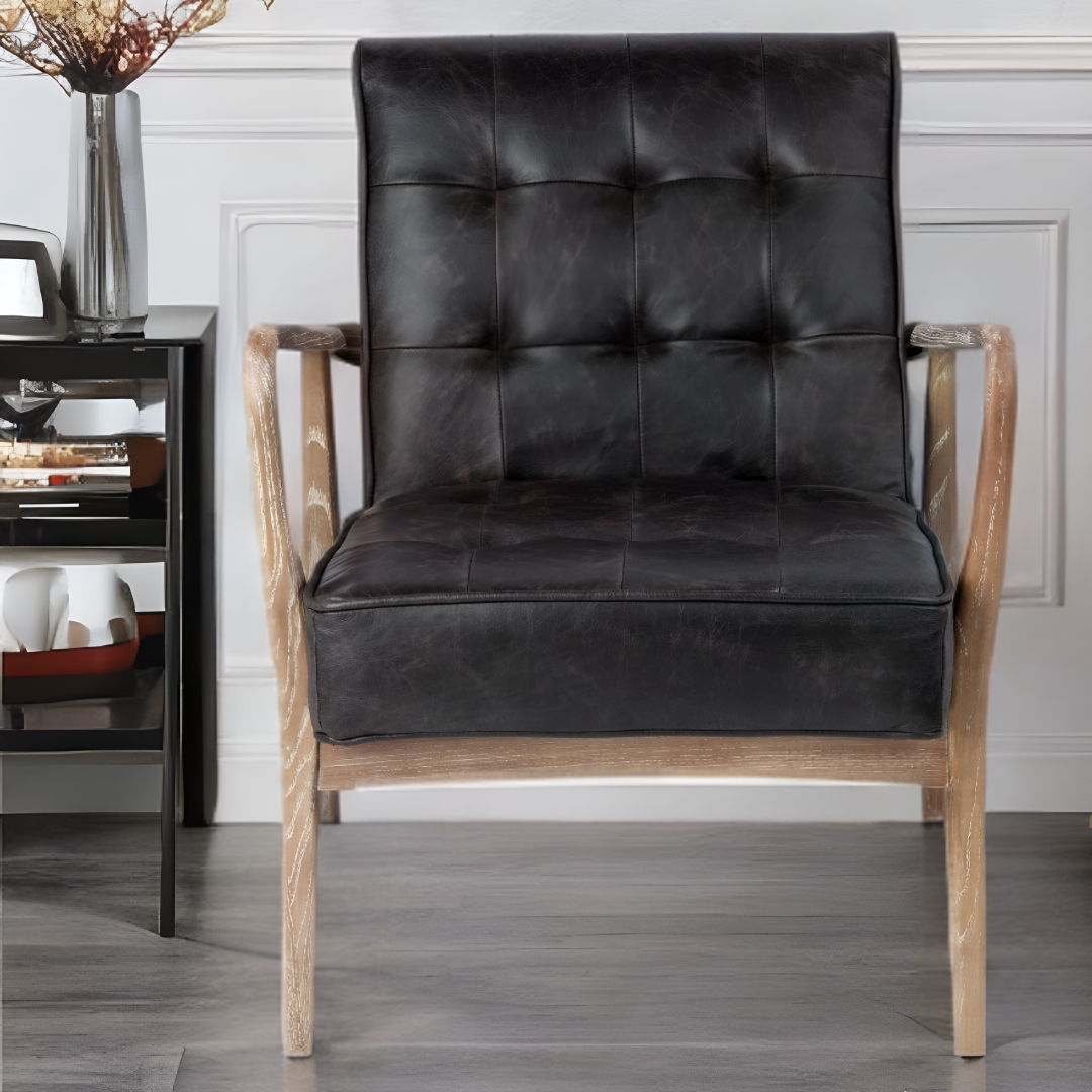 Leather Tufted Distressed Lounge Chair - Black / Brown