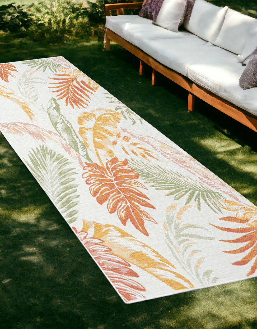 2' X 8' Palm Leaf Stain Resistant Indoor / Outdoor Runner Rug - Ivory Green / Orange