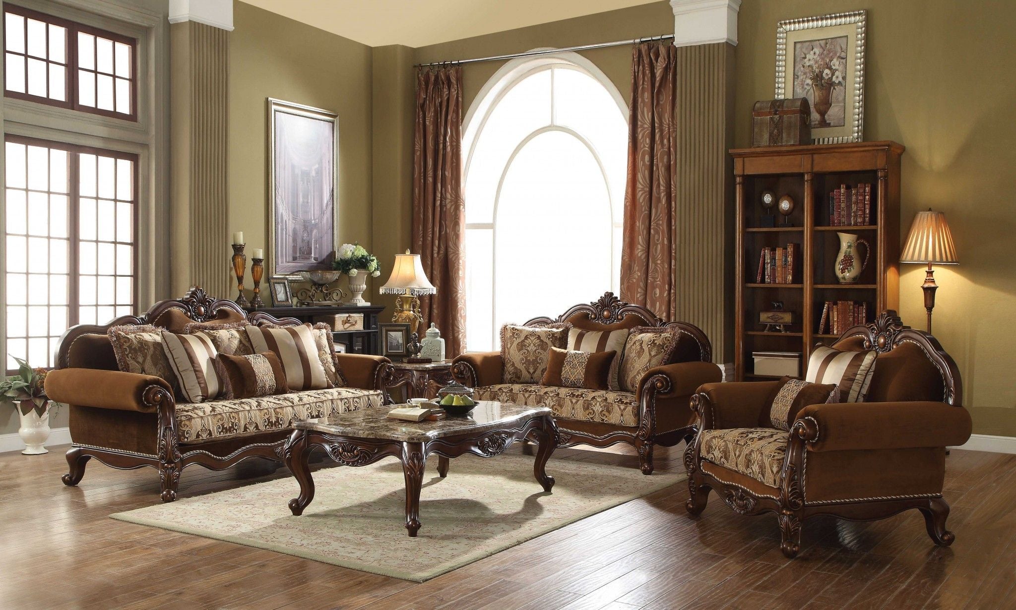 Loveseat And Toss Pillows - Brown Damask Chesterfield