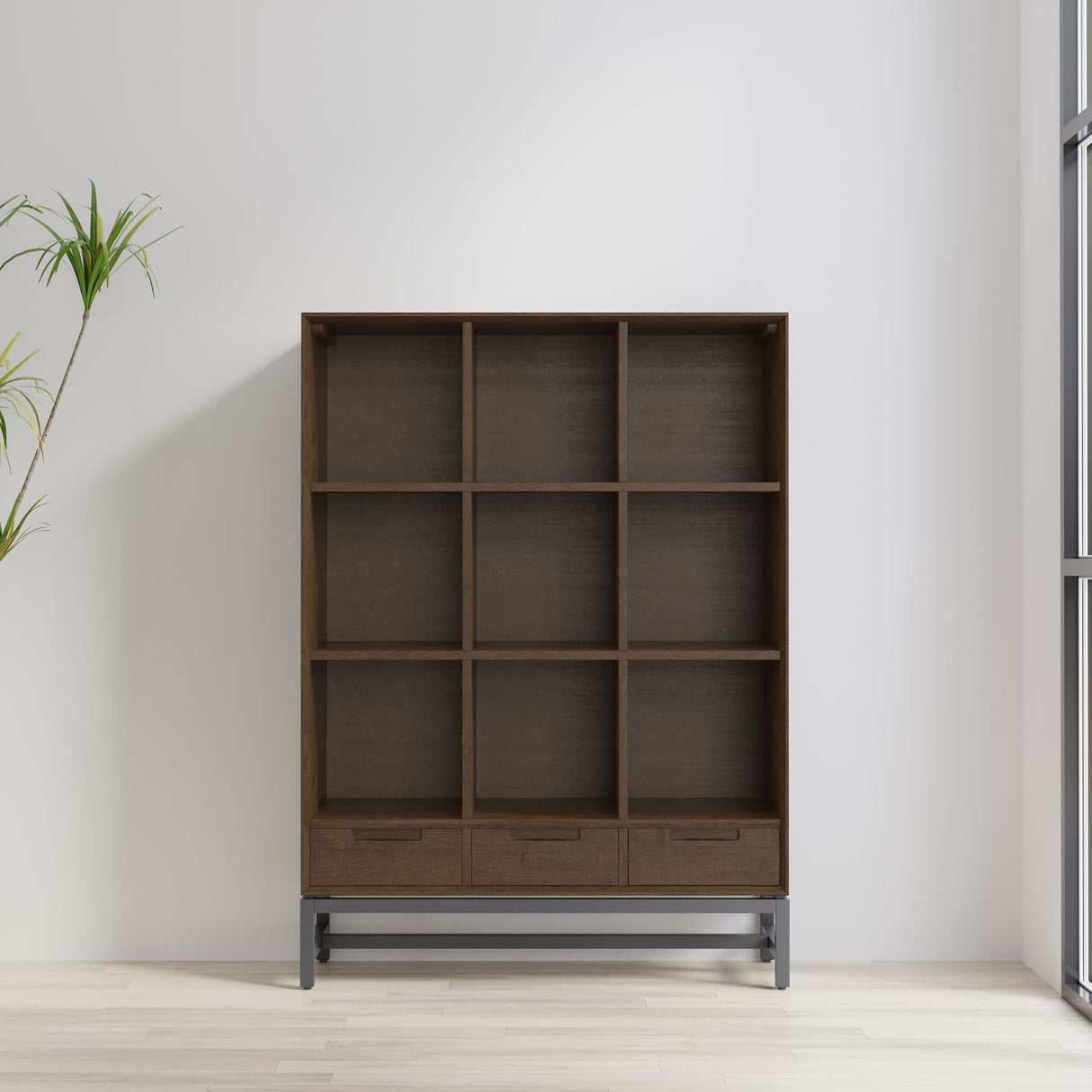 Banting - 9 Cube Bookcase With Drawers - Walnut Brown by Simpli-Home | Bel Furniture