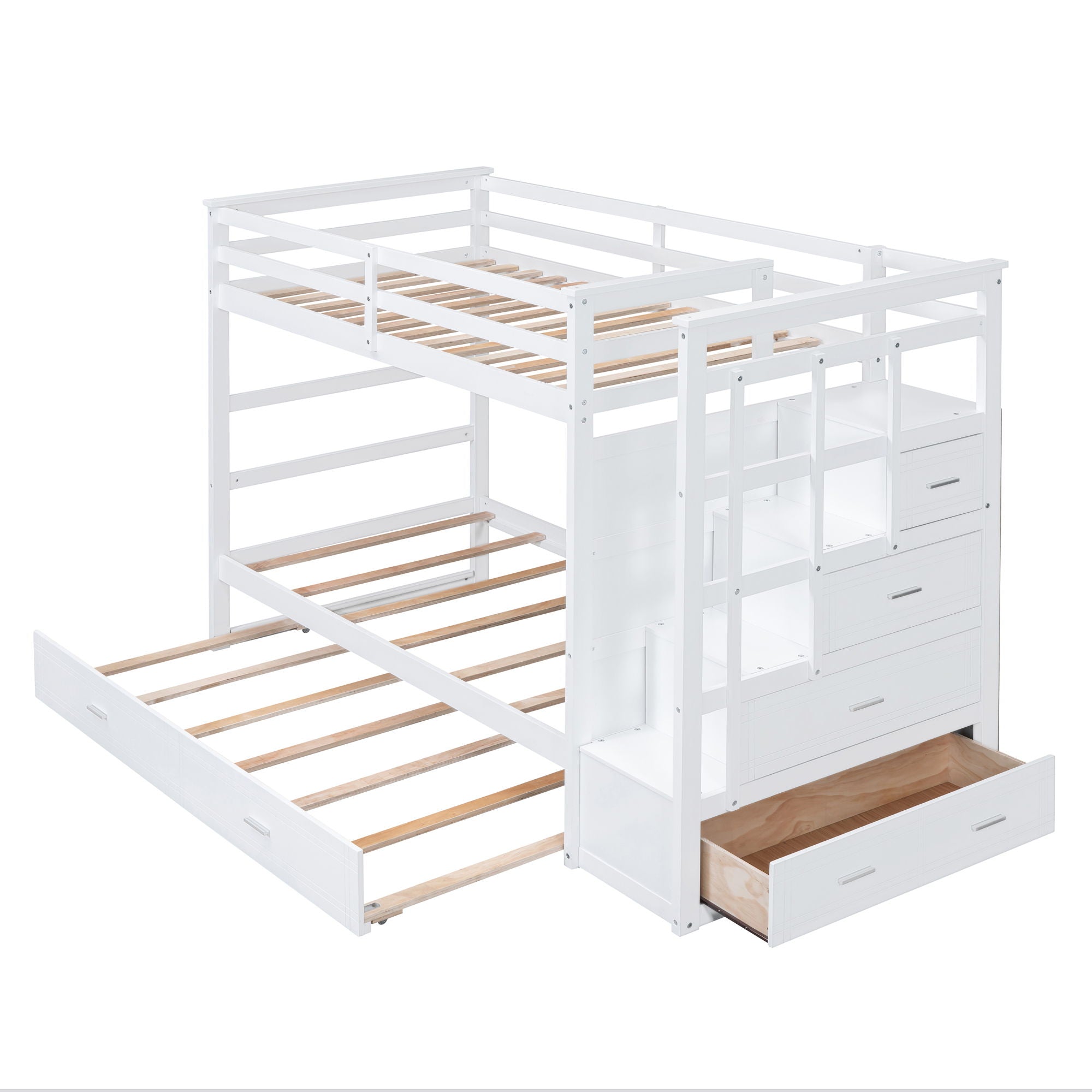 Twin Over Twin Bunk Bed With Trundle And Staircase - White