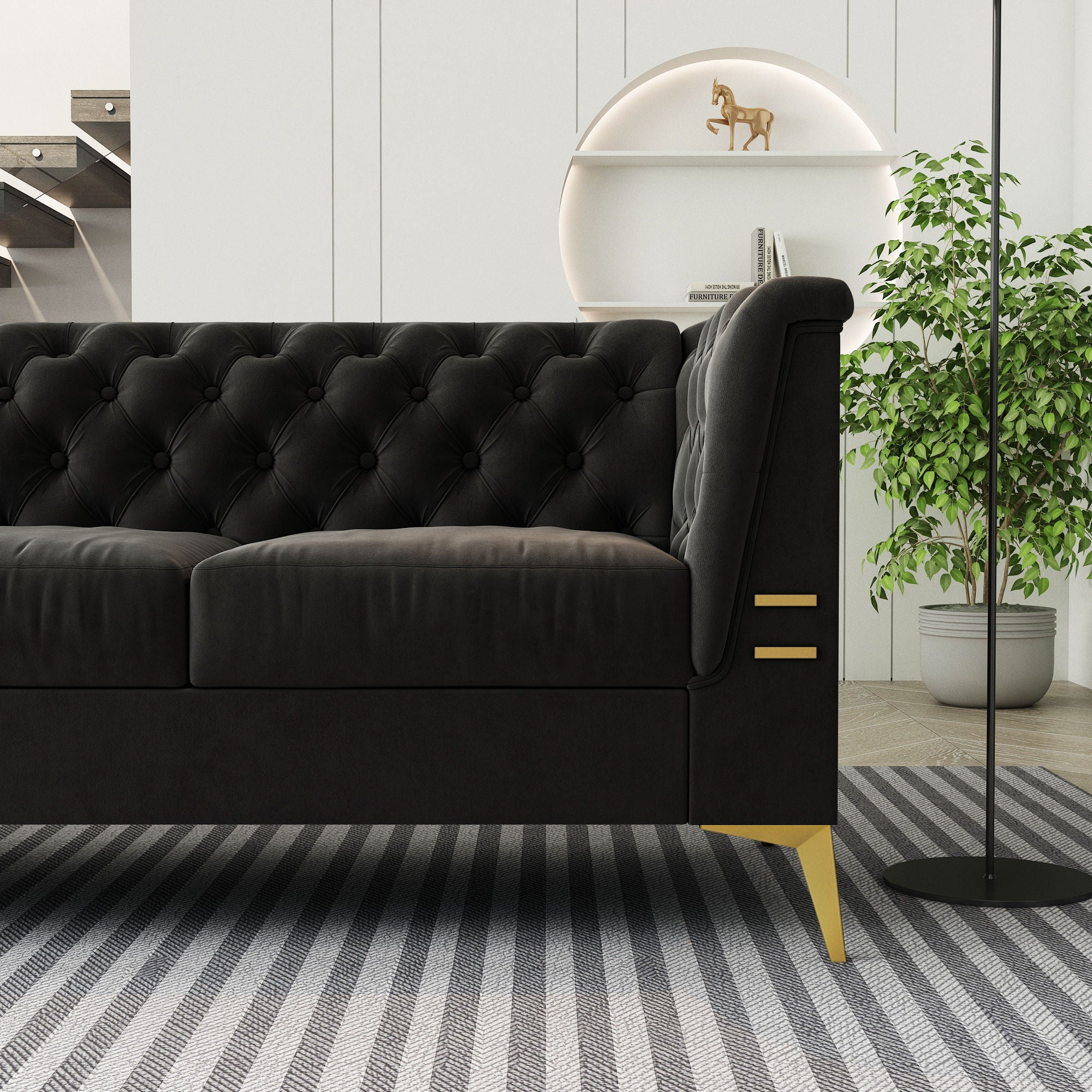 Luxurious Velvet Sofa With Gold Legs, Modern Chesterfield Design, Tufted Upholstery, 3 Seat Couch For Living Room And Office