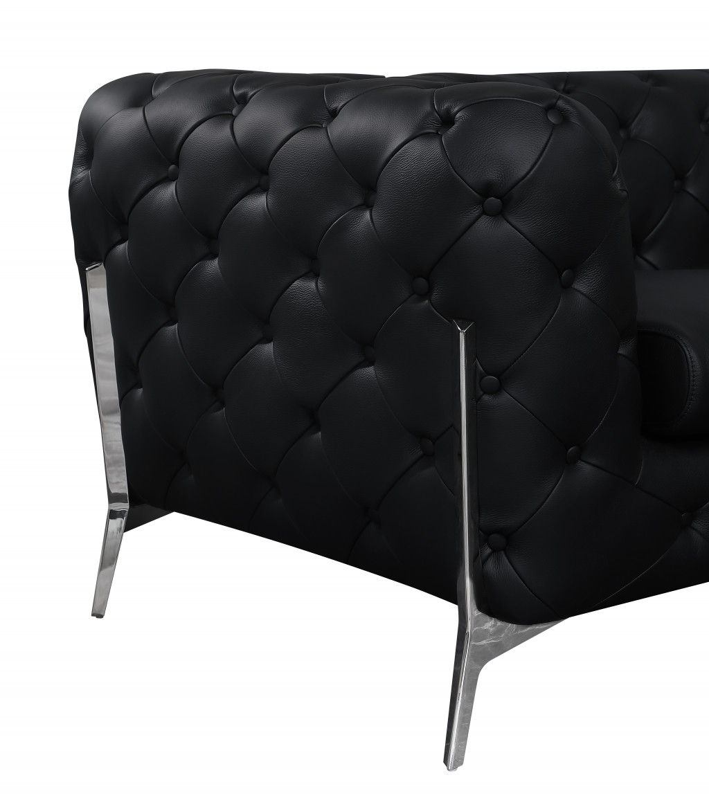 Italian Leather Sofa Silver Legs - Black