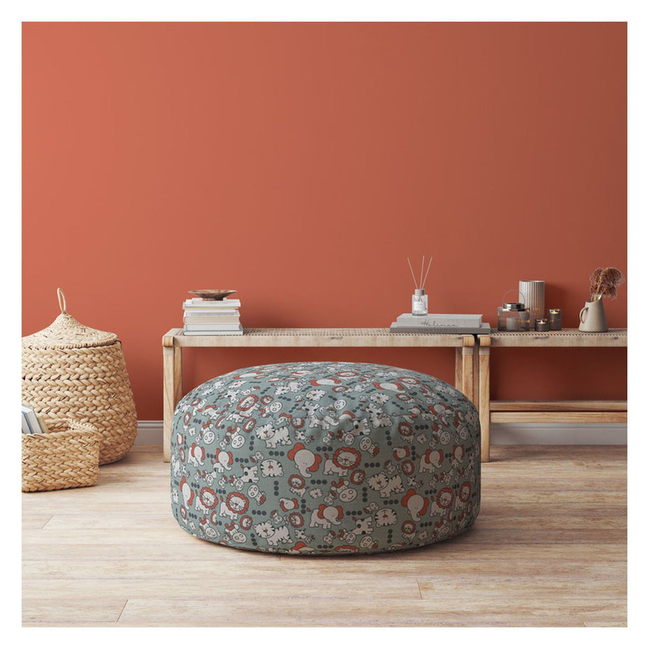 Cotton Round Animal Print Pouf Cover - Gray / White