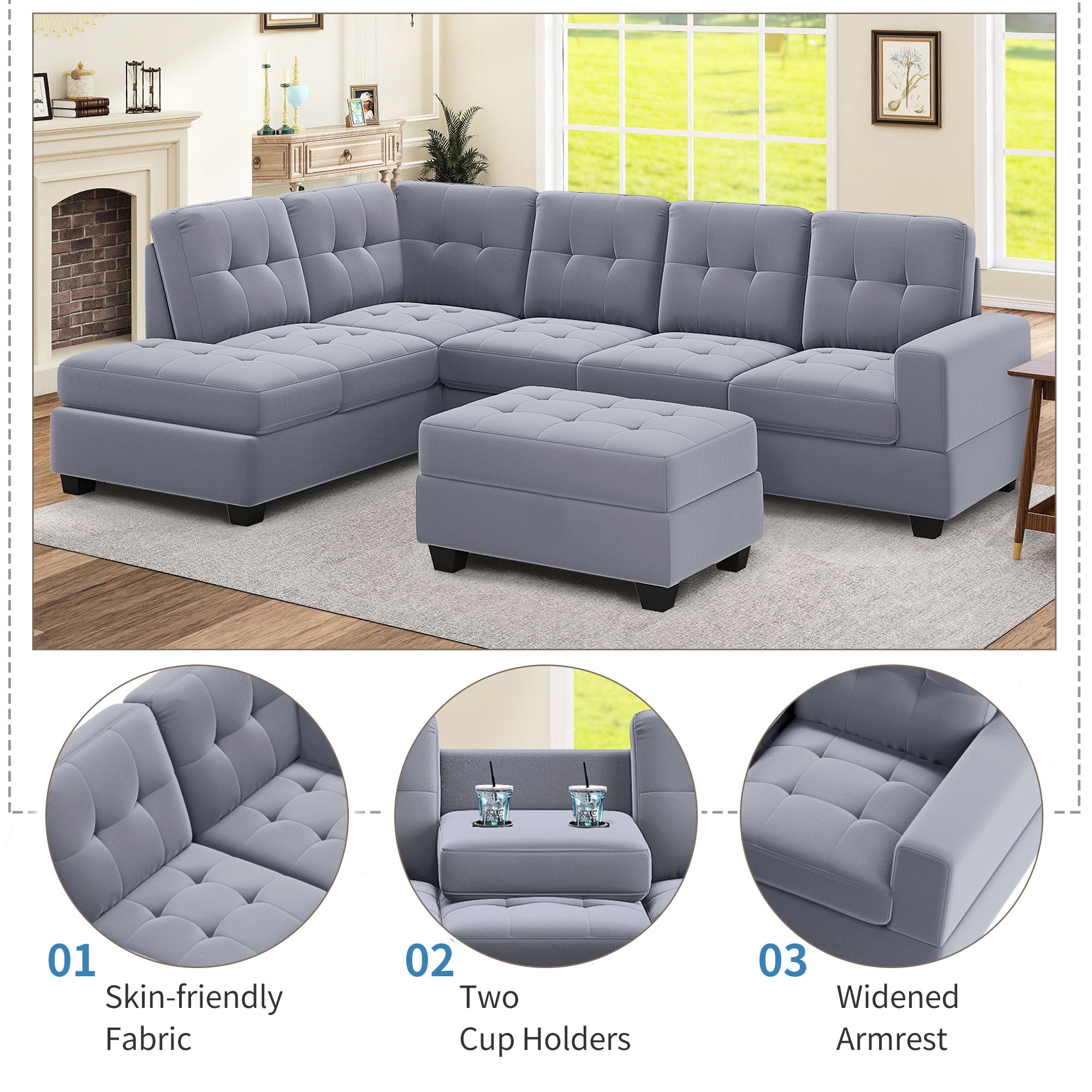 Modern Sectional Sofa With Reversible Chaise, L Shaped Couch Set With Storage Ottoman And Two Cup Holders For Living Room