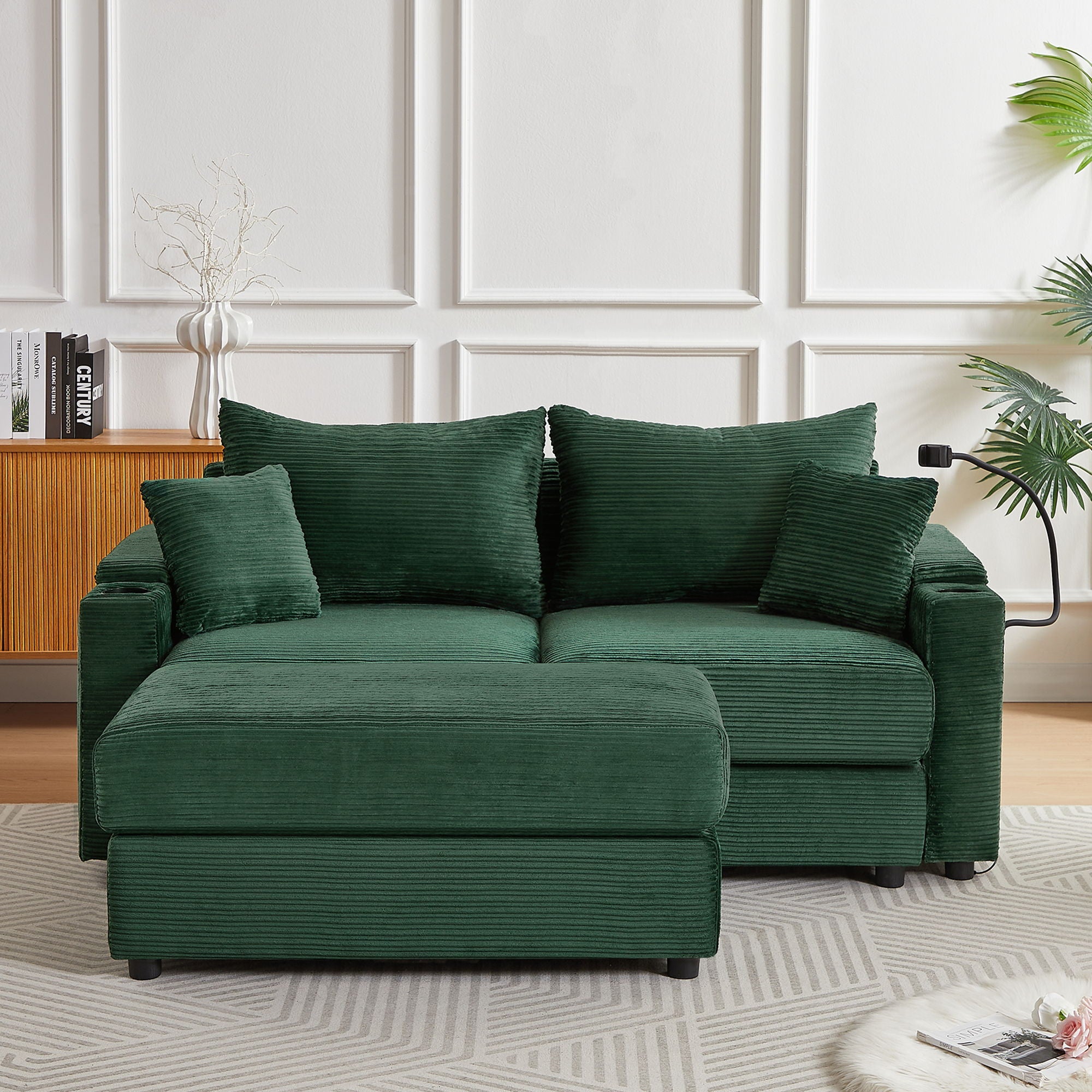 Modern Style Loveseat Sofa Sectional Sofa Couch With Storage Space, A Movable Ottoman, Two USB Ports, Two Cup Holders, A Phone Holder For Living Room