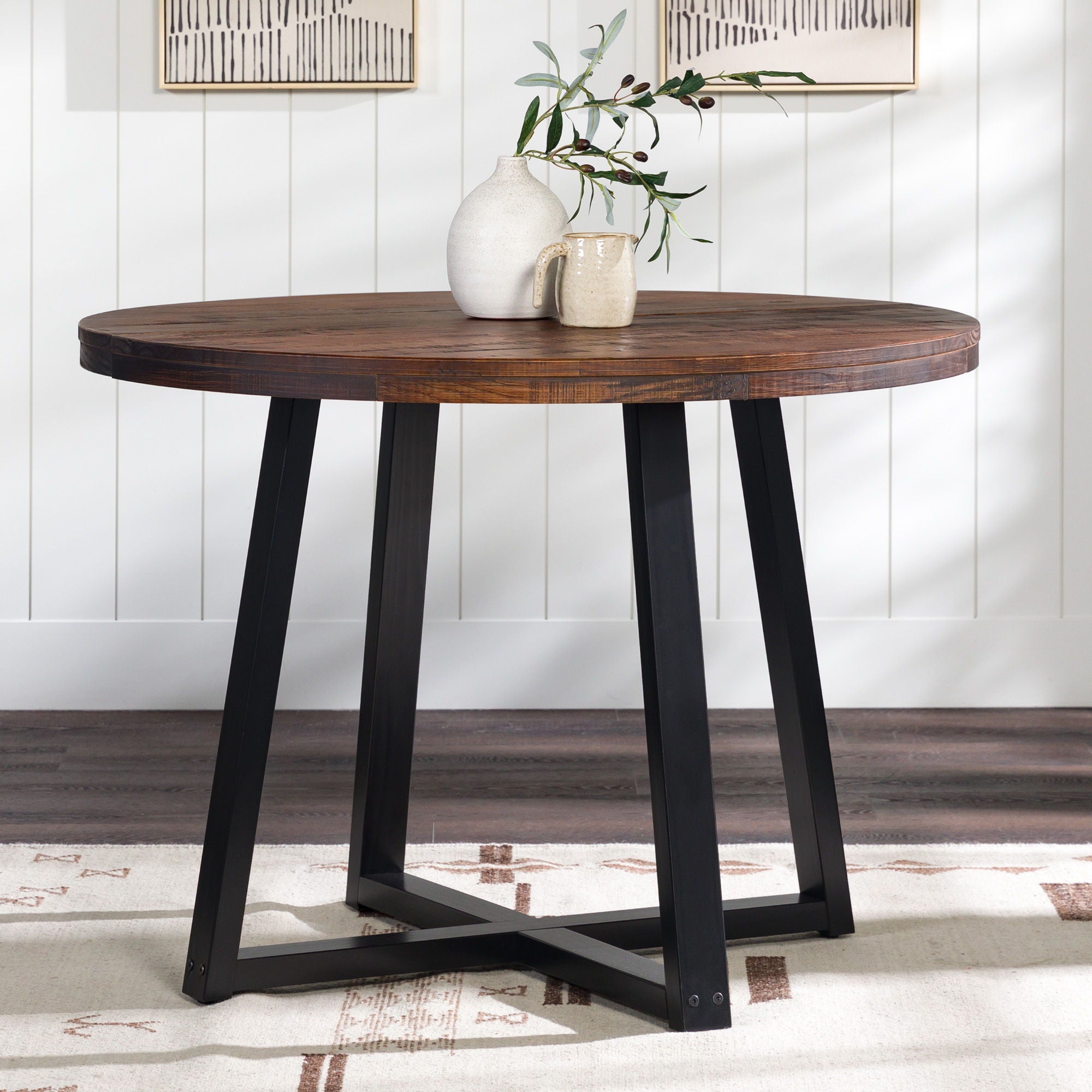 Rustic Distressed Solid Wood Round Dining Table