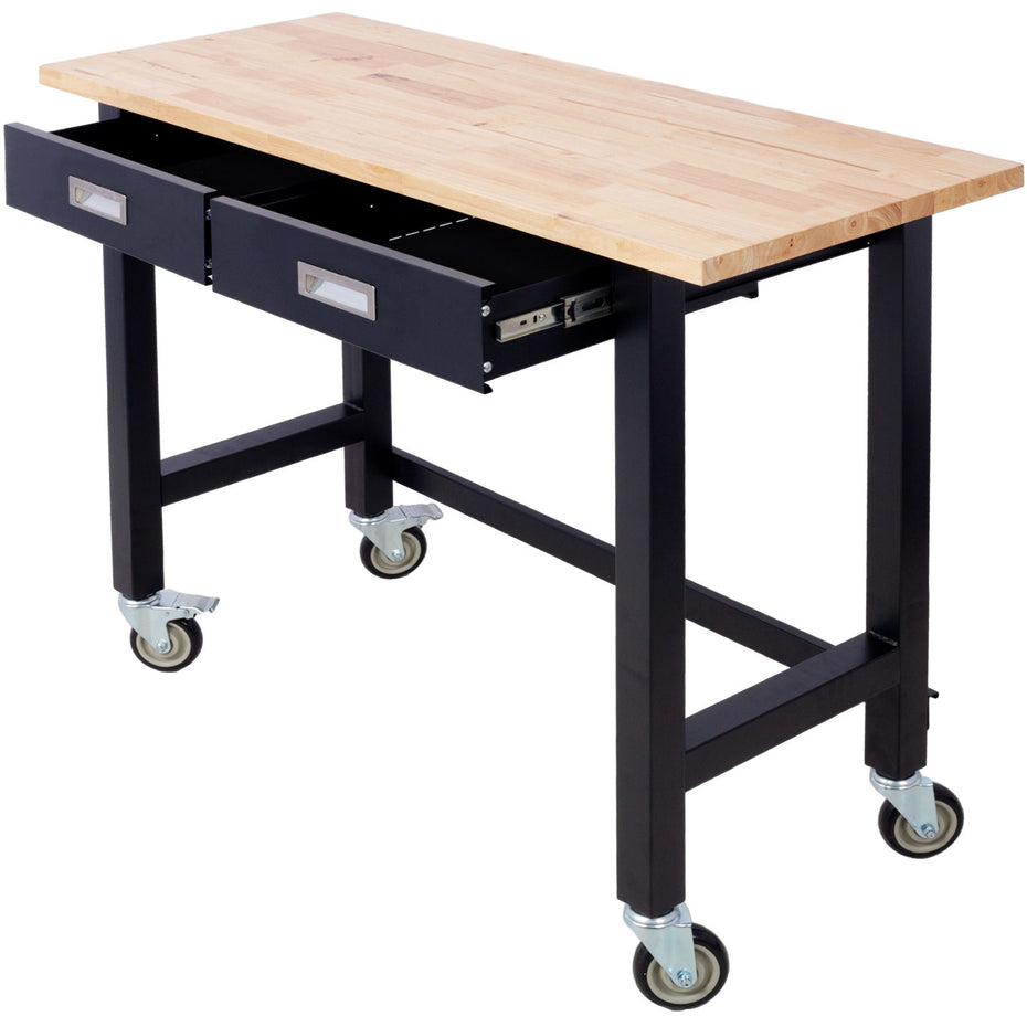 Work Bench, Workbench With Drawer Storage, Heavy Duty Bamboo Wood Work Table With Wheels For Garage Home Office