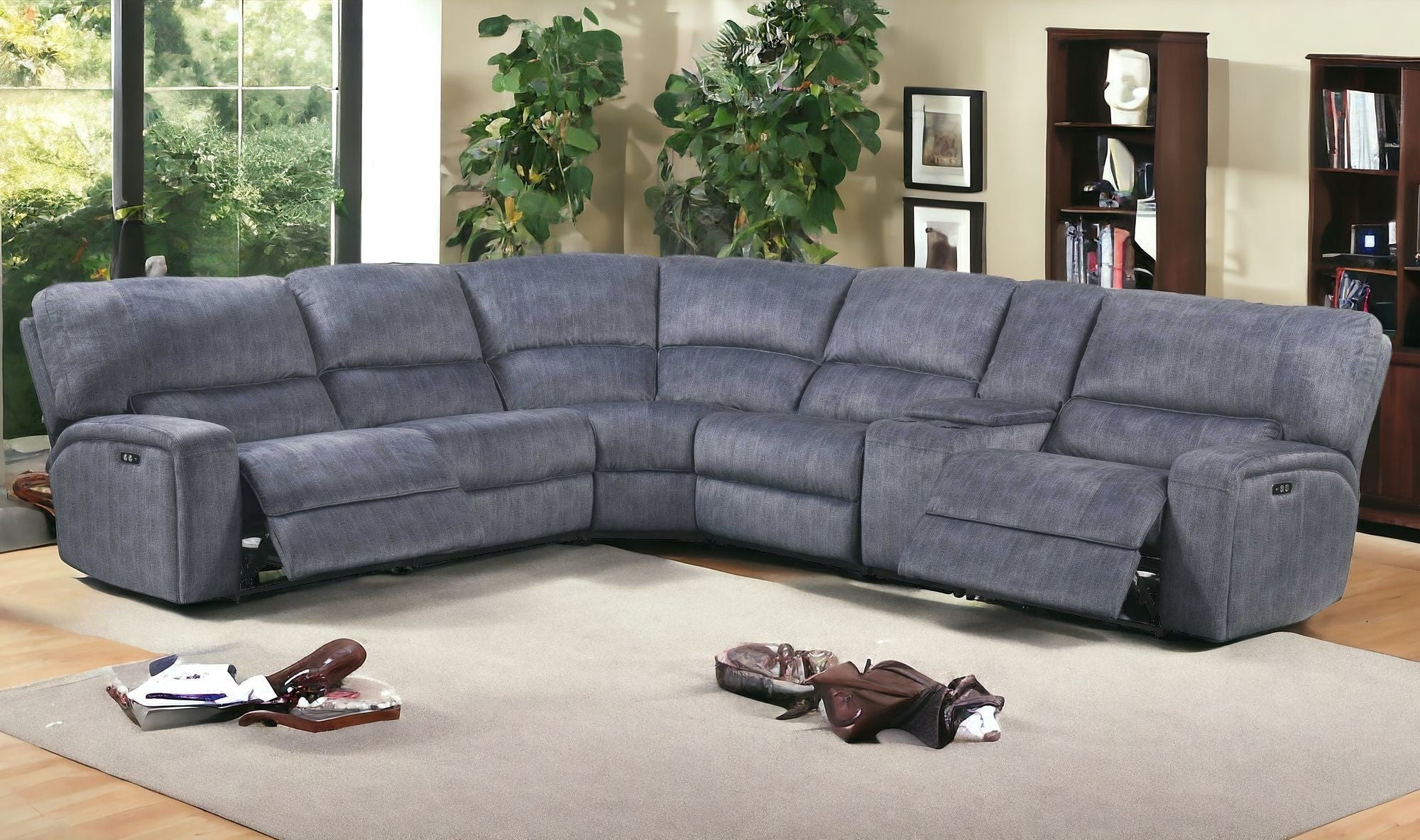 Velvet Power Reclining L Shaped Six Piece Corner Sectional With Console - Slate Blue