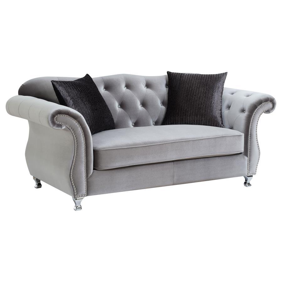 Frostine - Upholstered Rolled Arm Tufted Loveseat - Silver