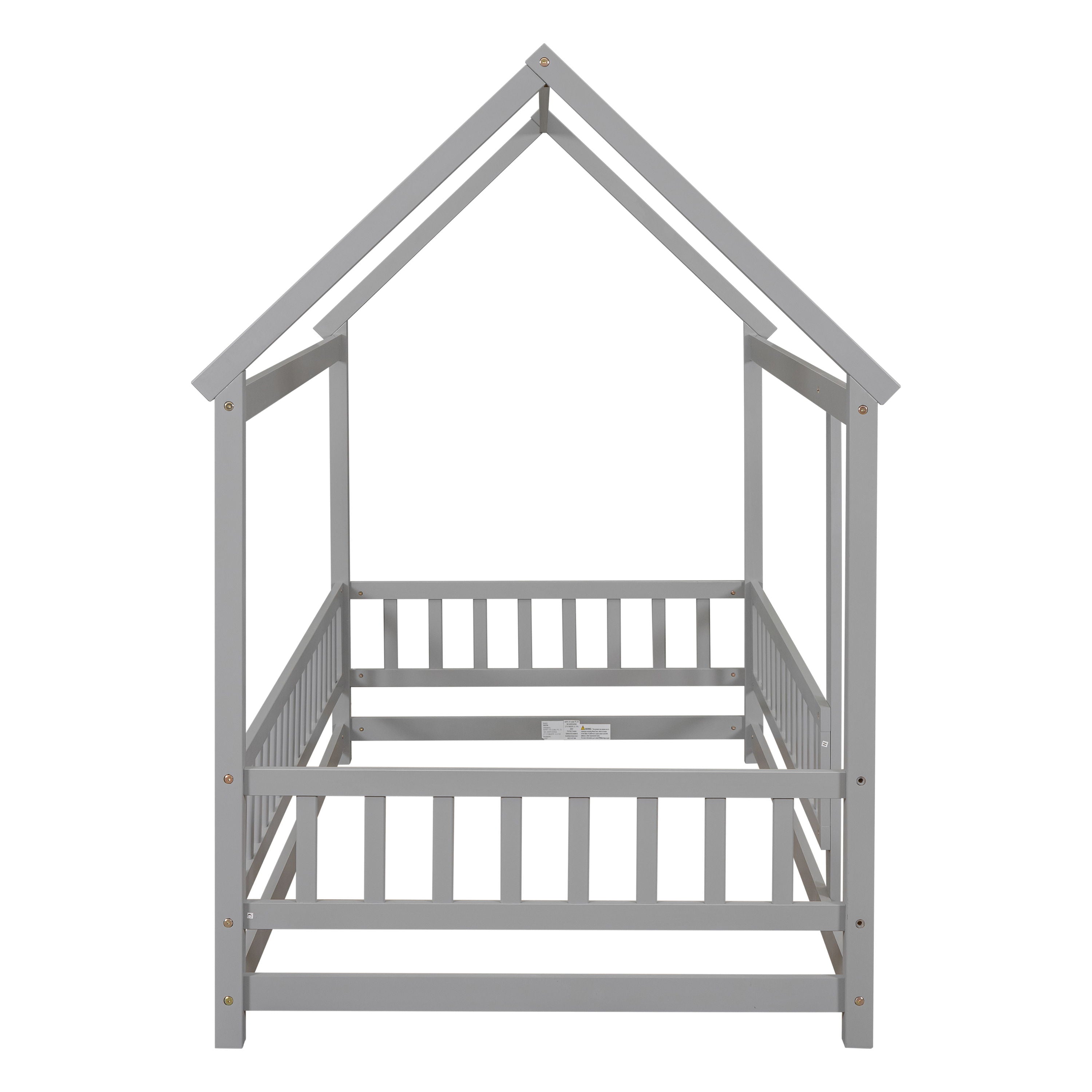 Floor Wooden Bed With House Roof Frame, Fence Guardrails