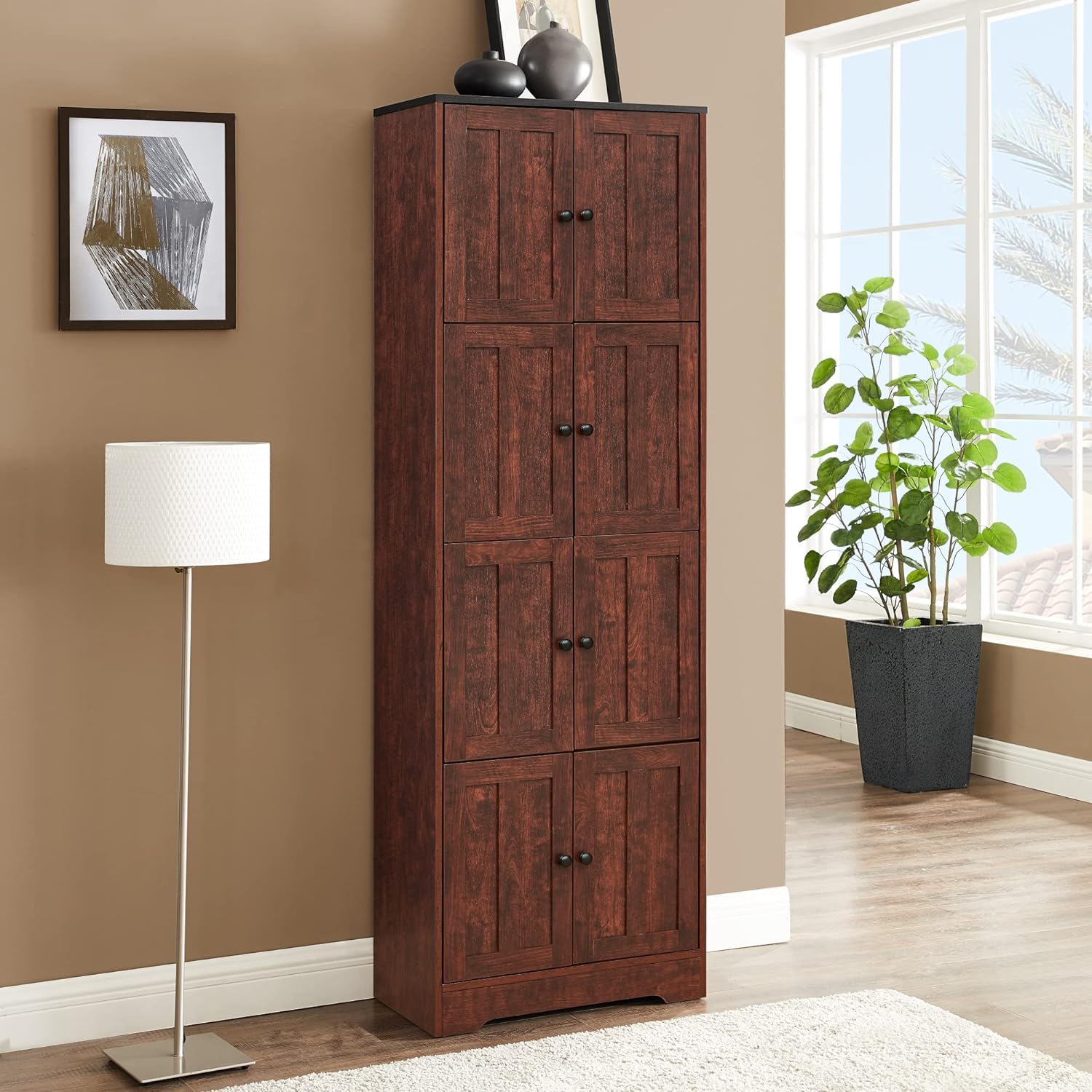 Tall Storage Cabinet With 8 Doors And 4 Shelves, Wall Storage Cabinet For Living Room, Kitchen, Office, Bedroom, Bathroom