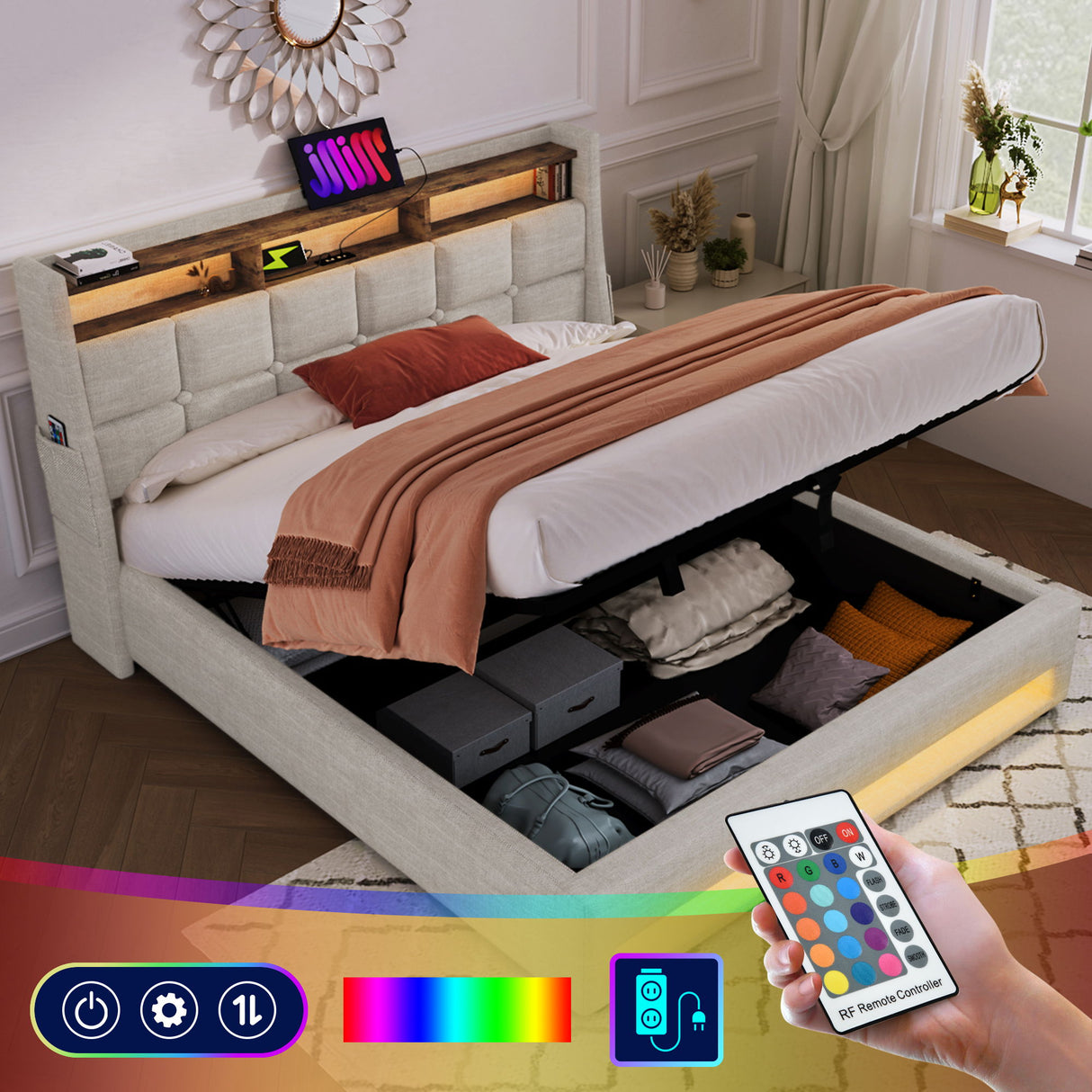Upholstered Platform Bed With A Hydraulic Storage System, LED And USB Charging (Without Mattress)