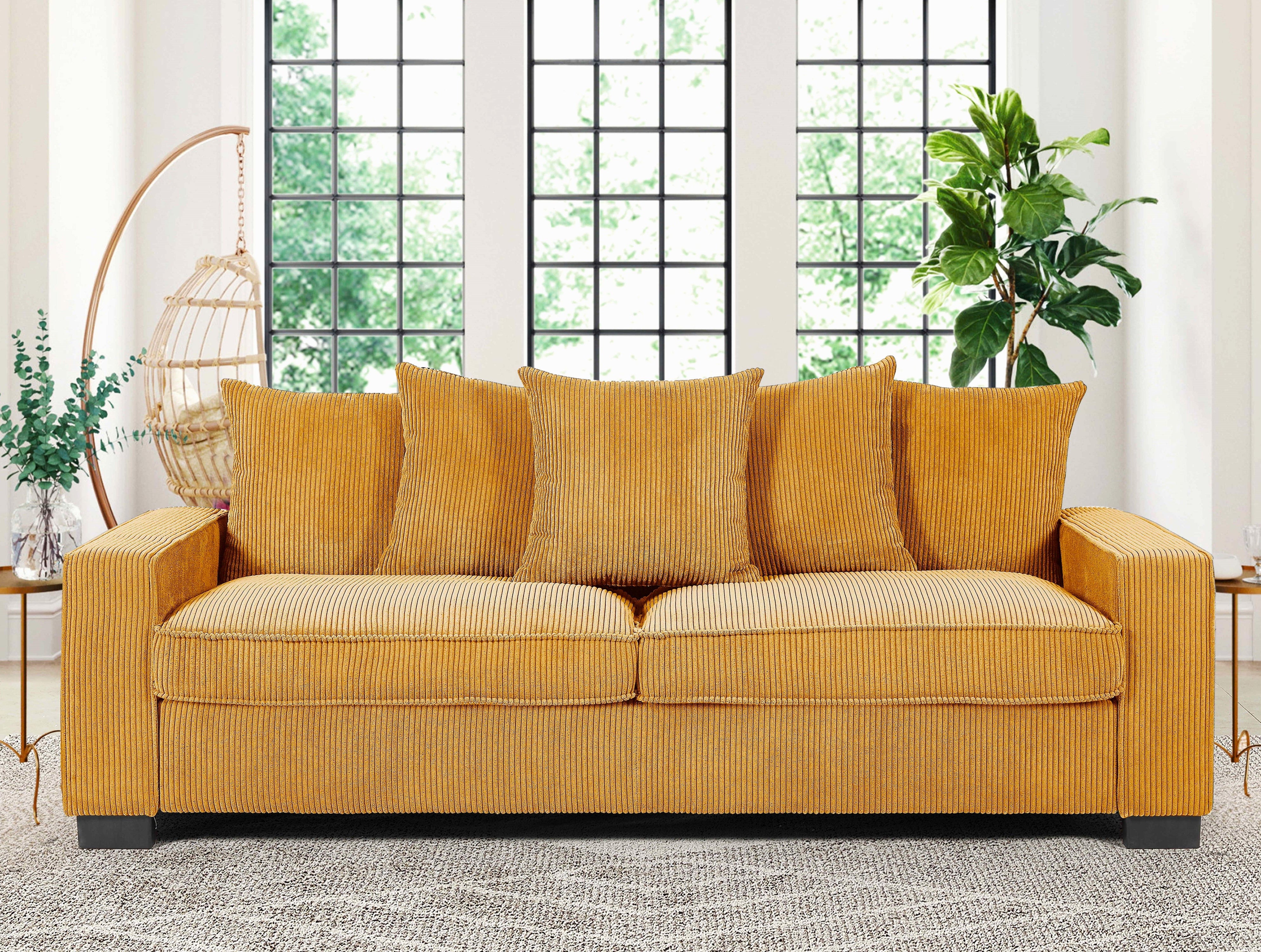 Luxe Corduroy Sofa With 5 Matching Toss Pillows, Sleek Design, Spacious And Comfortable 3 Seater Couch