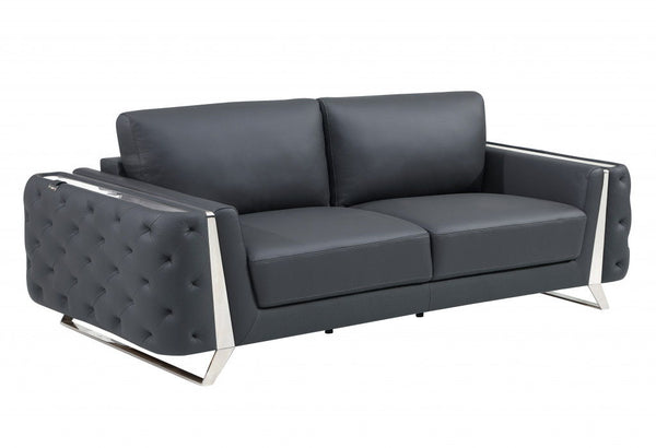 Italian Leather Sofa - Gray / Silver