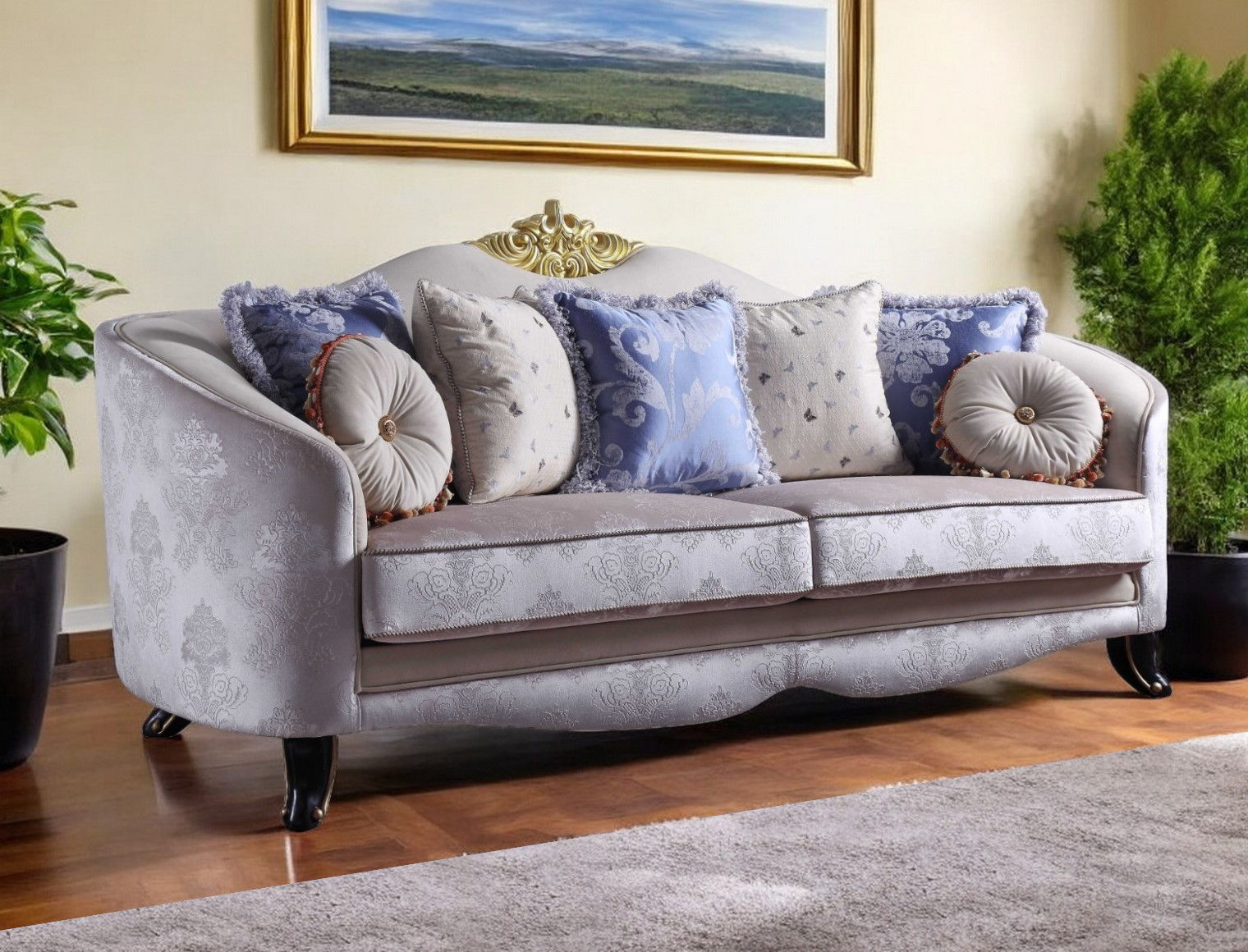 Velvet Curved Damask Sofa And Toss Pillows With Black Legs - Cream