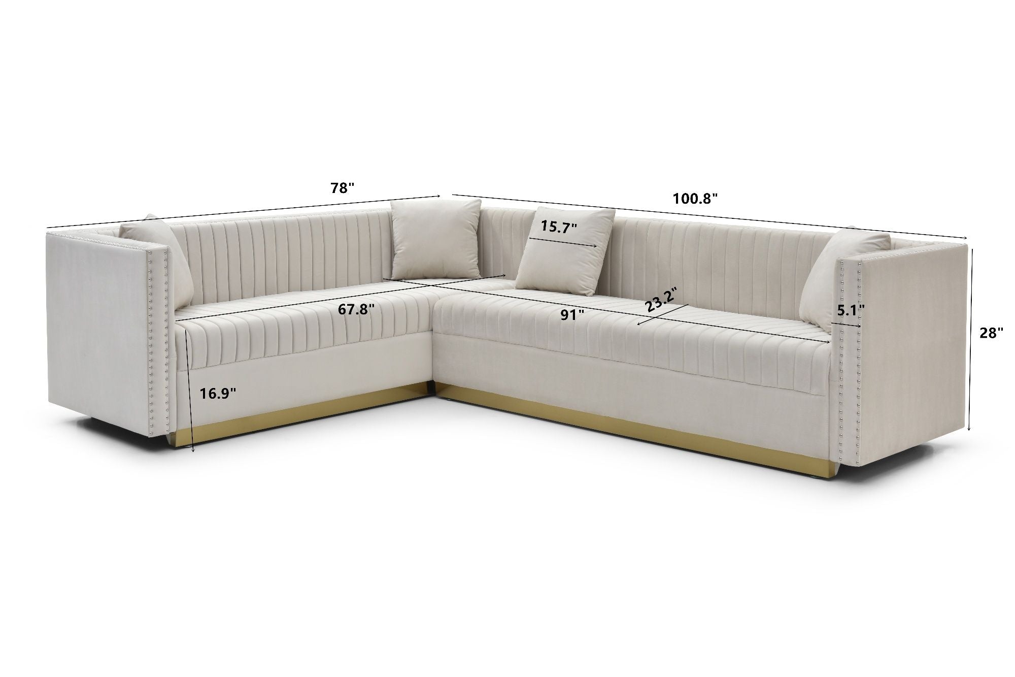 Contemporary Vertical Channel Tufted Velvet Sectional Sofa For Living Room With 4 Pillows