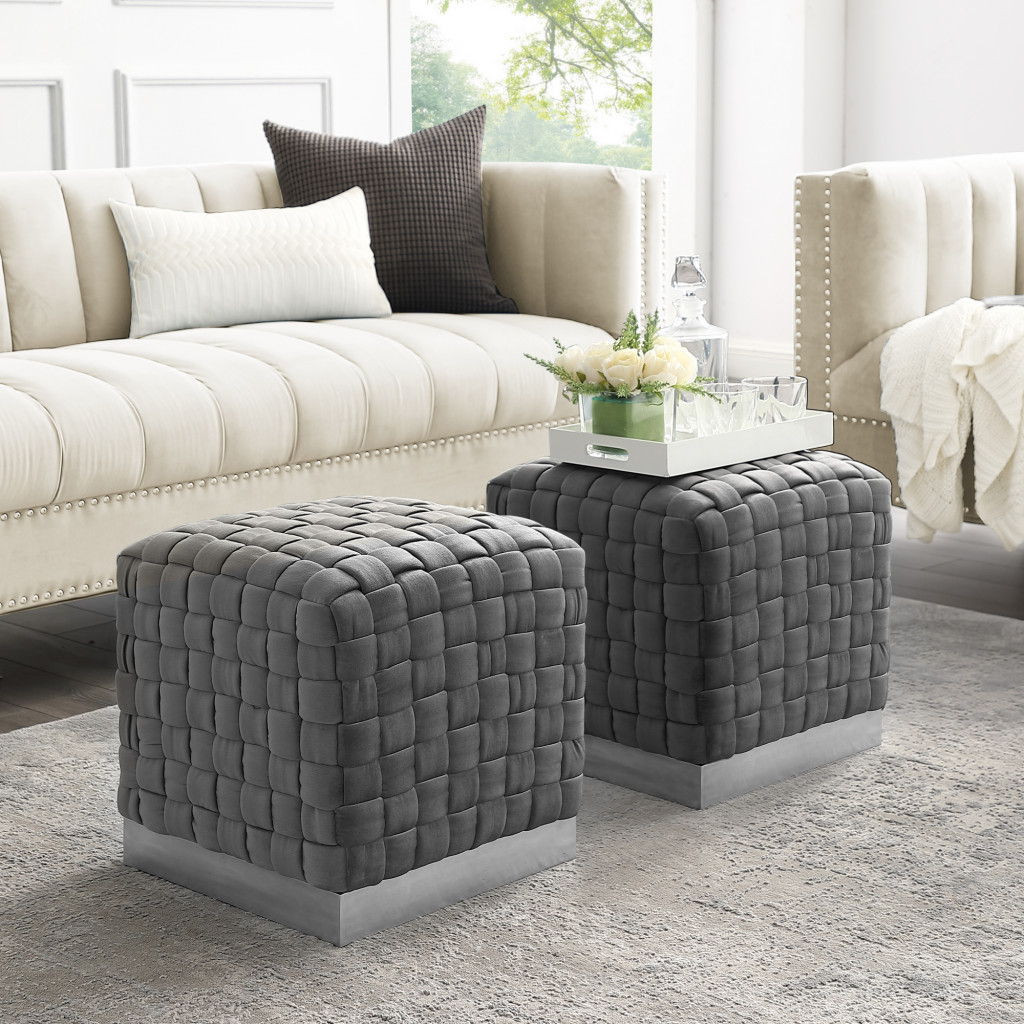 Velvet Ottoman - Gray / Silver