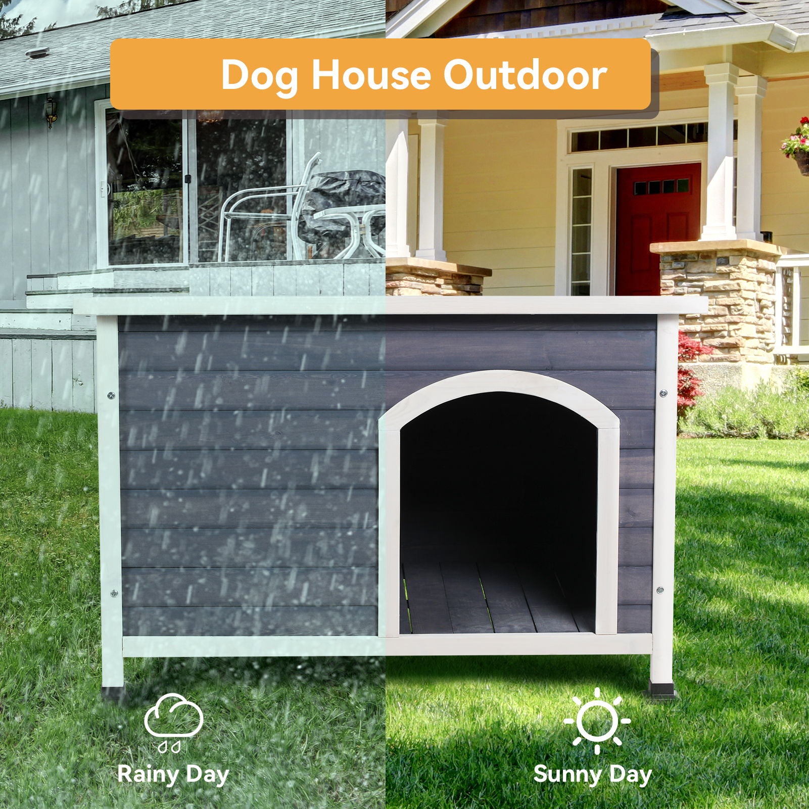 Medium Wooden Outdoor Dog House, Waterproof Roof, Elevated Floor - Gray