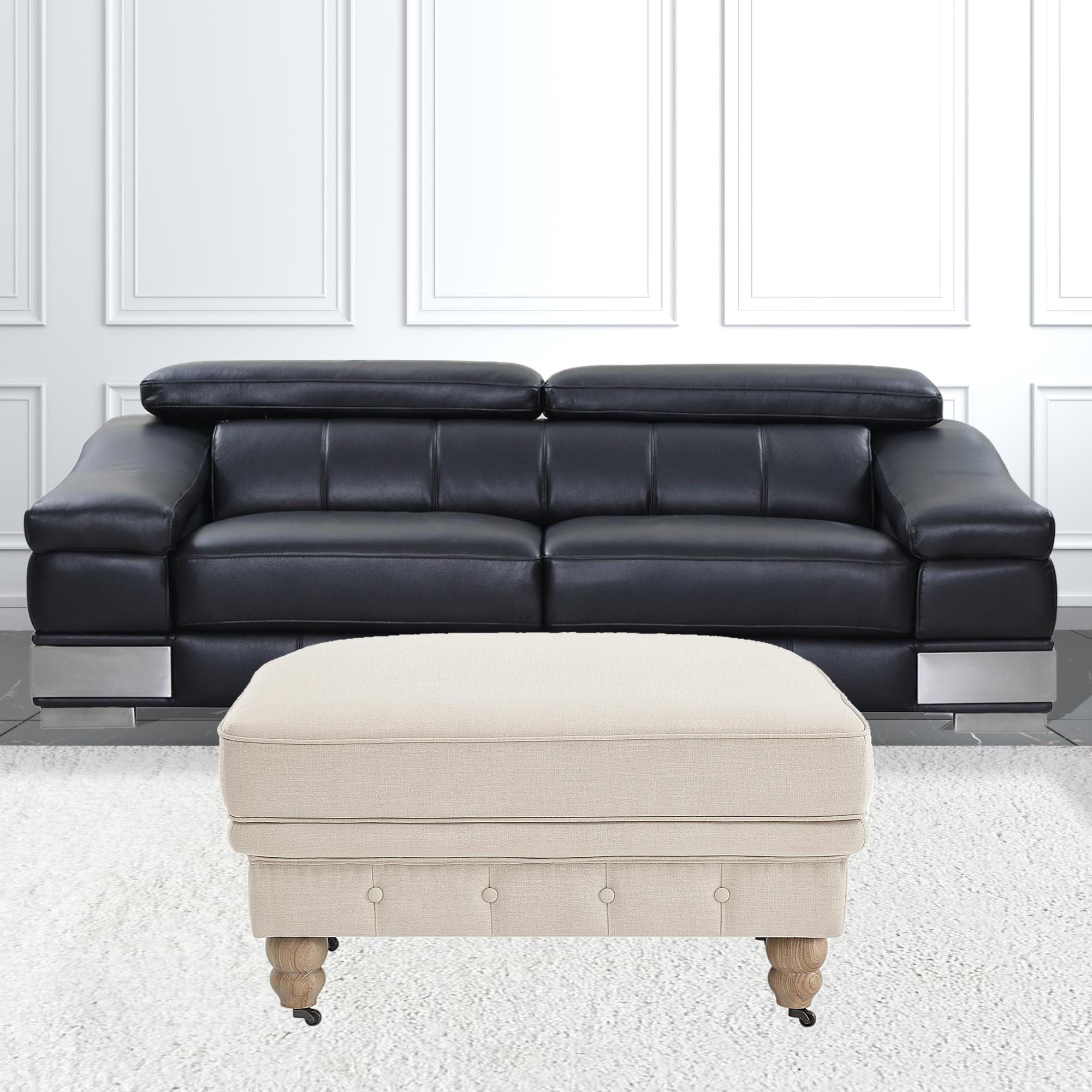 Linen And Wood Brown Rolling Tufted Cocktail Ottoman - Beige