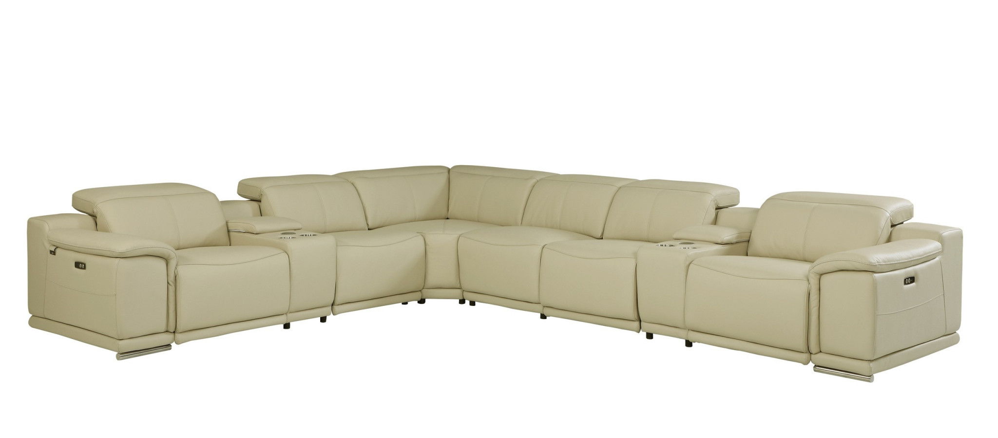 Italian Leather Power Reclining U Shaped, Eight Piece Corner Sectional With Console - Beige