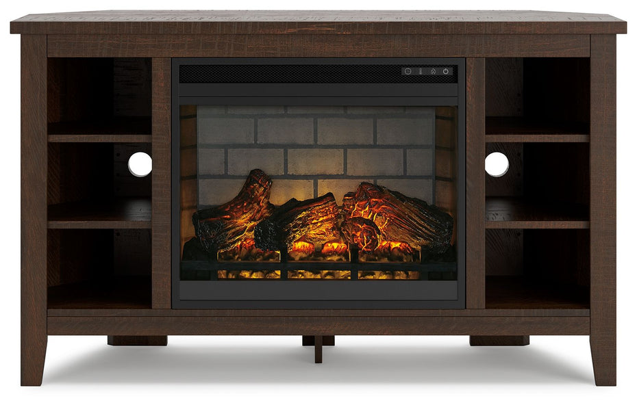 Camiburg - Warm Brown - Corner TV Stand With Faux Firebrick Fireplace Insert