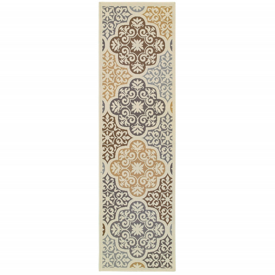 2' X 8' Moroccan Indoor / Outdoor Area Rug - Gray / Ivory