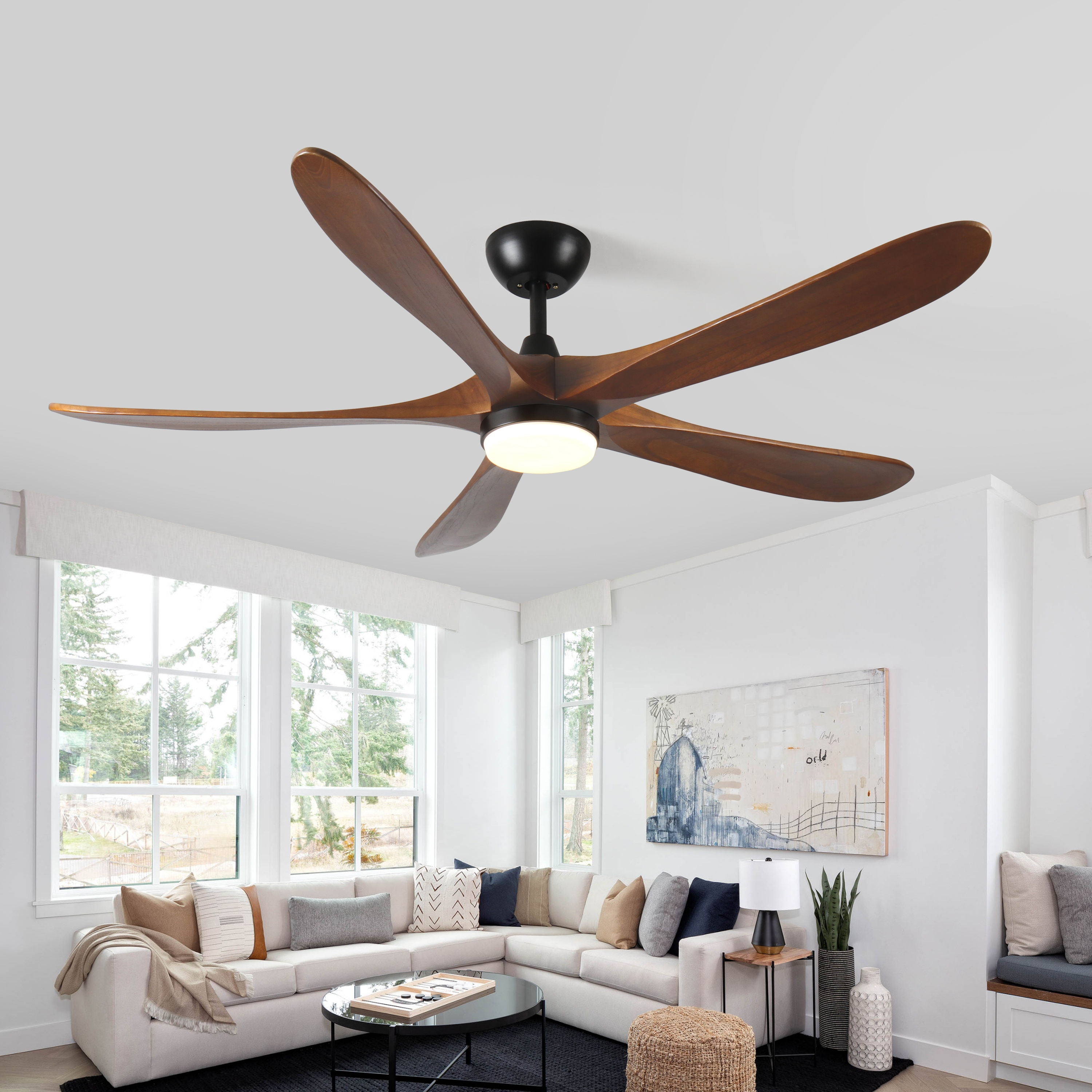 Solid Wood With Remote Control With Light (LED) Modern DC Motor Indoor / Outdoor 5 Blade Ceiling Fan For Patios, Bedrooms And Farmhouses - Antique Brown