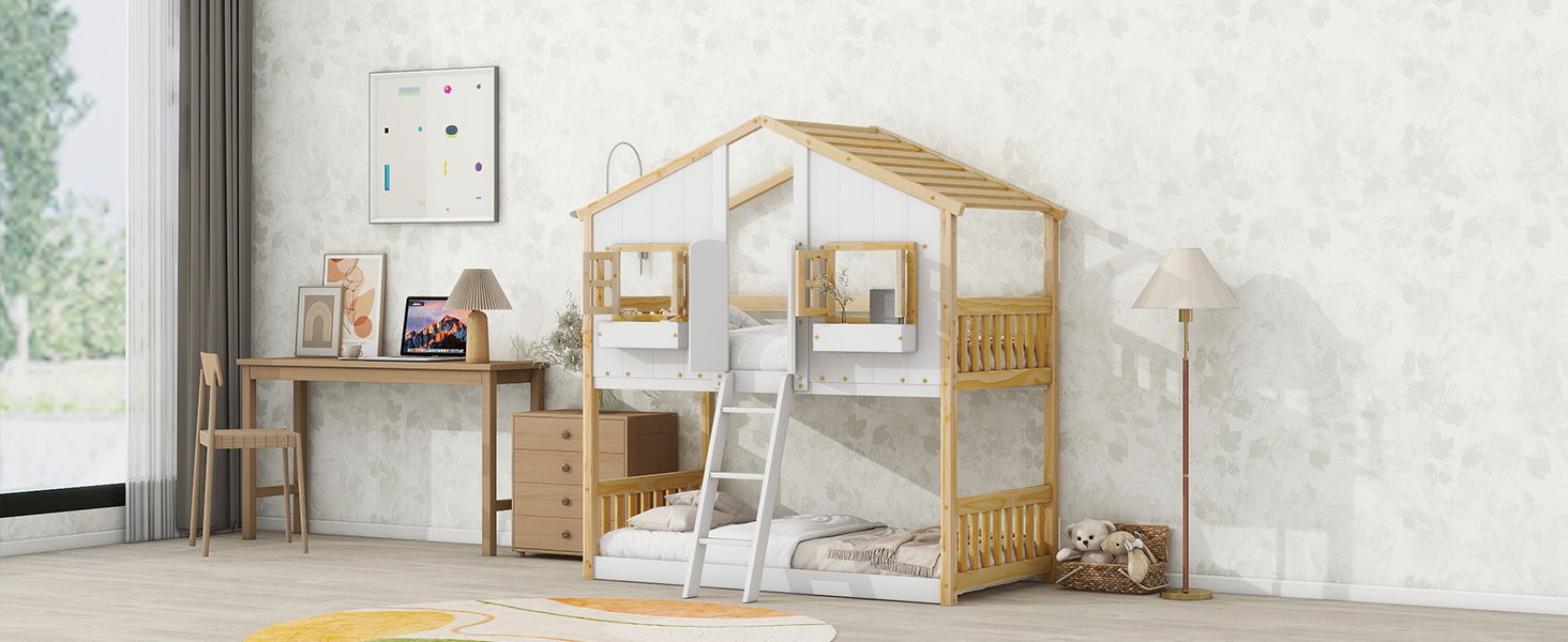 House Bunk Bed With Roof, Window, Window Box, Door, With Safety Guardrails And Ladder