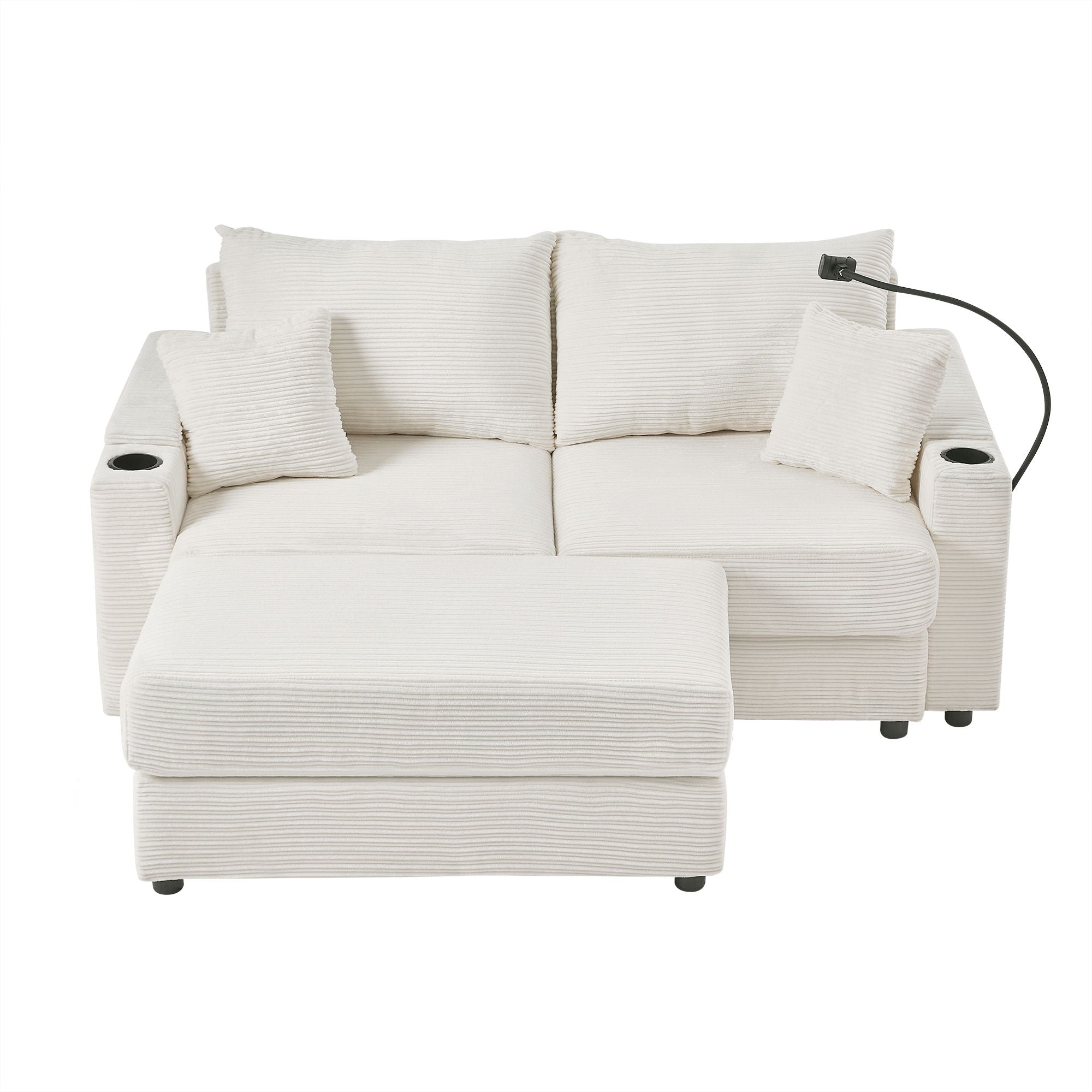 Modern Style Loveseat Sofa Sectional Sofa Couch With Storage Space, A Movable Ottoman, Two USB Ports, Two Cup Holders, A Phone Holder For Living Room