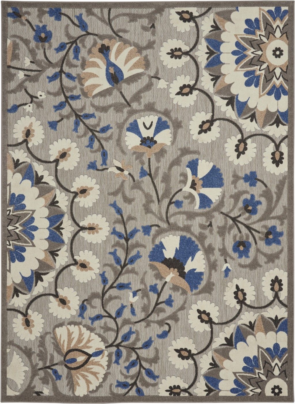 8' X 11' Floral Indoor / Outdoor Area Rug - Blue / Gray