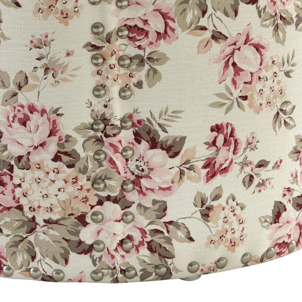 Linen Round Floral Ottoman - Ivory