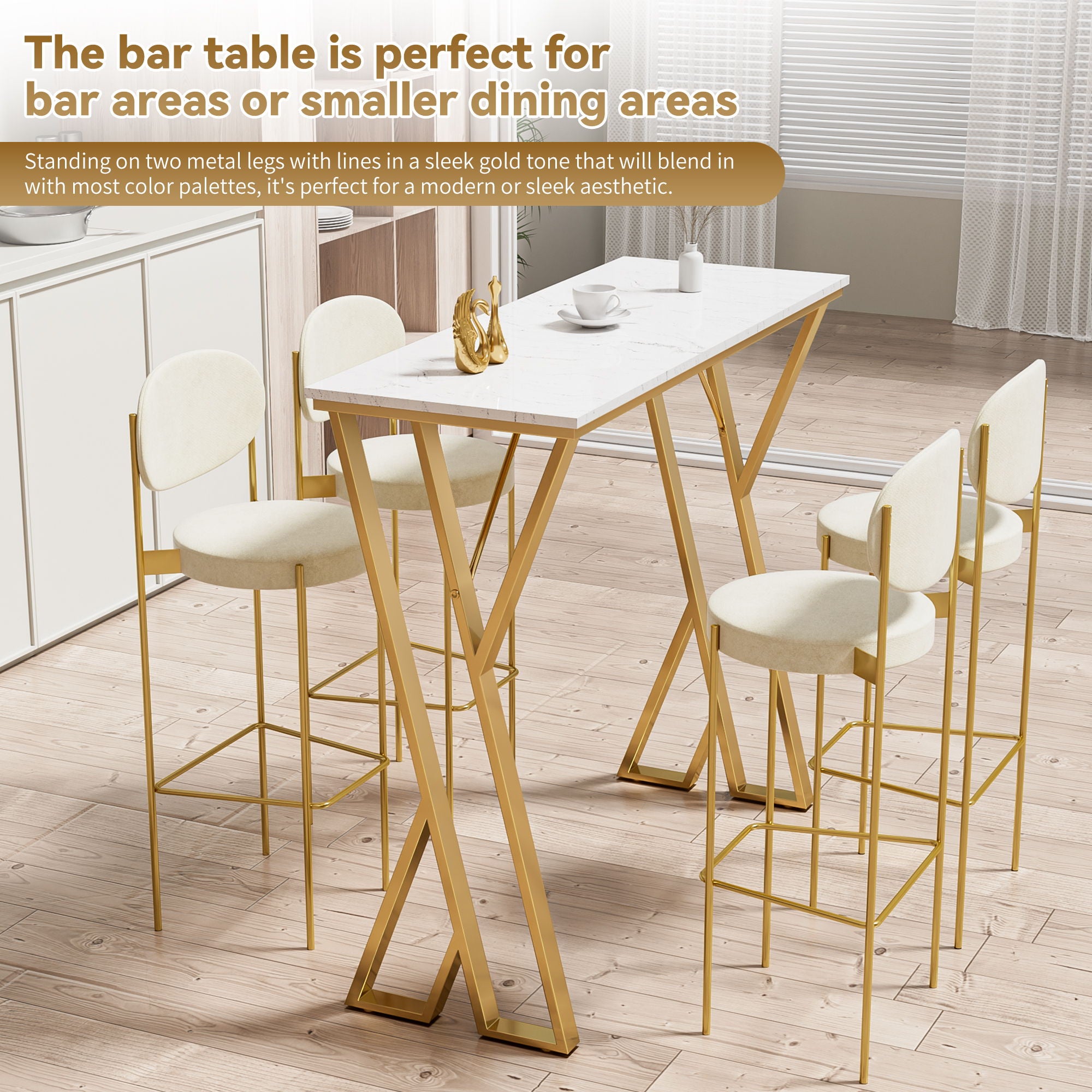 Modern High Bar Table With Double Pedestal - White / Gold