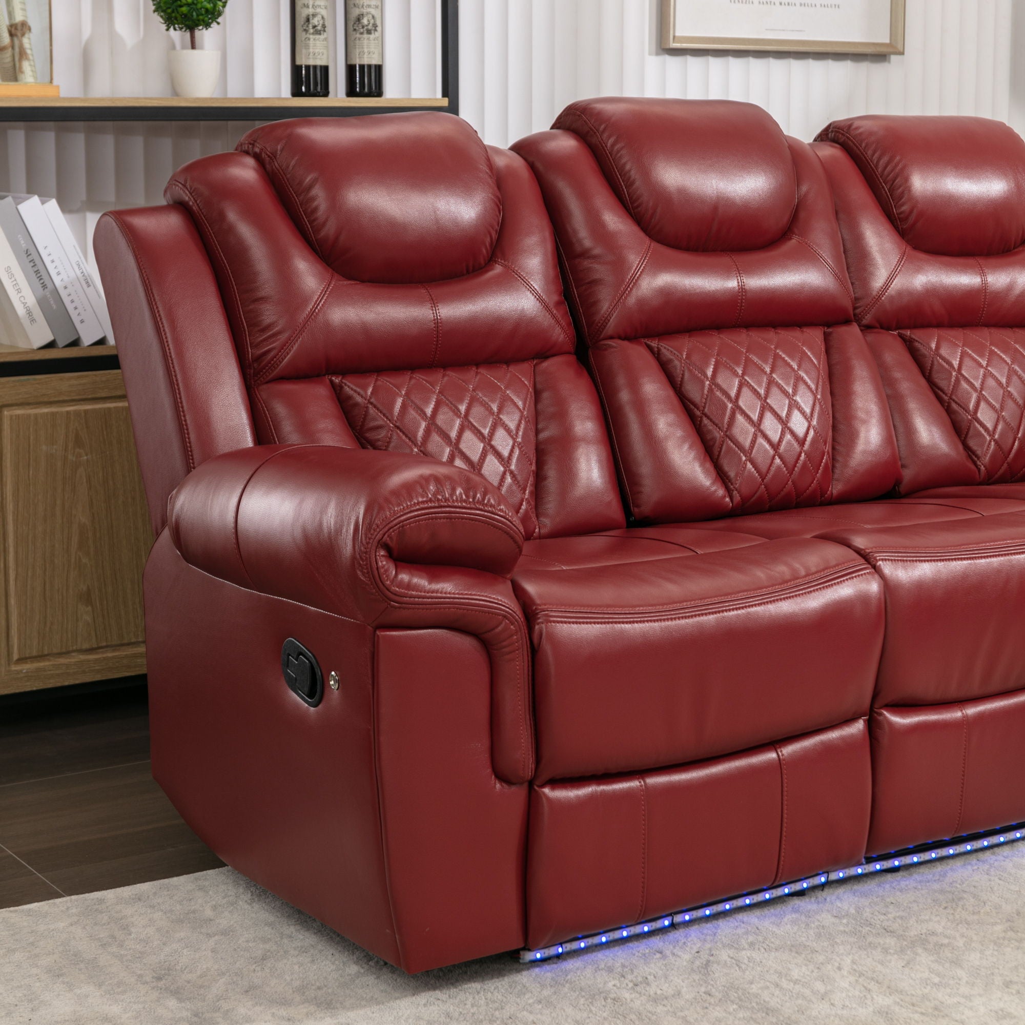 Home Theater Seating Manual Recliner Chair With Center Console And Led Light Strip For Living Room