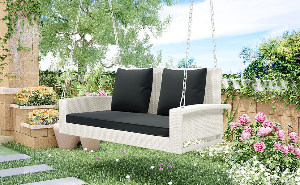 2 Person Wicker Hanging Porch Swing With Chains, Cushion, Pillow, Rattan Swing Bench For Garden, Backyard