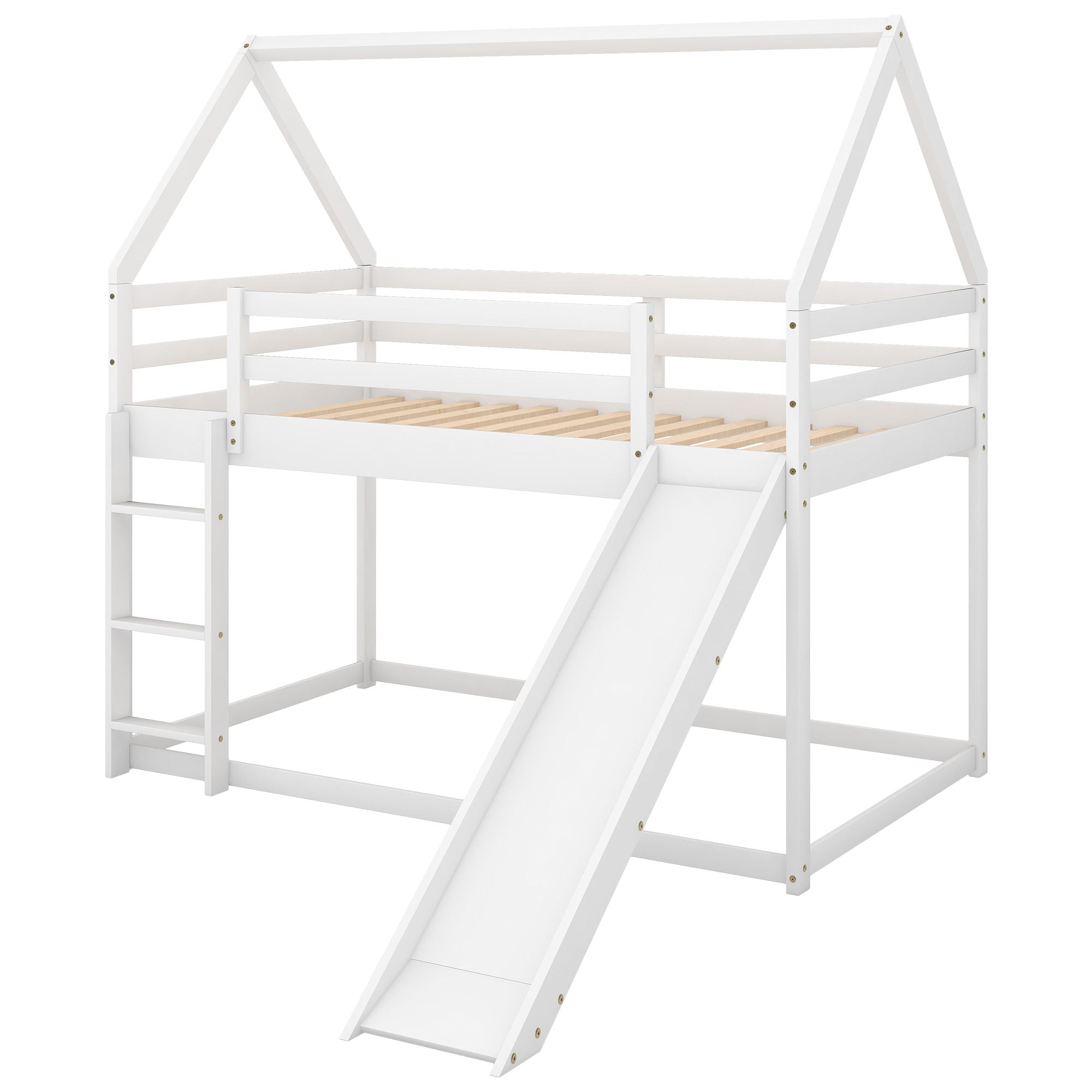 Twin Size Bunk House Bed With Slide And Ladder - White