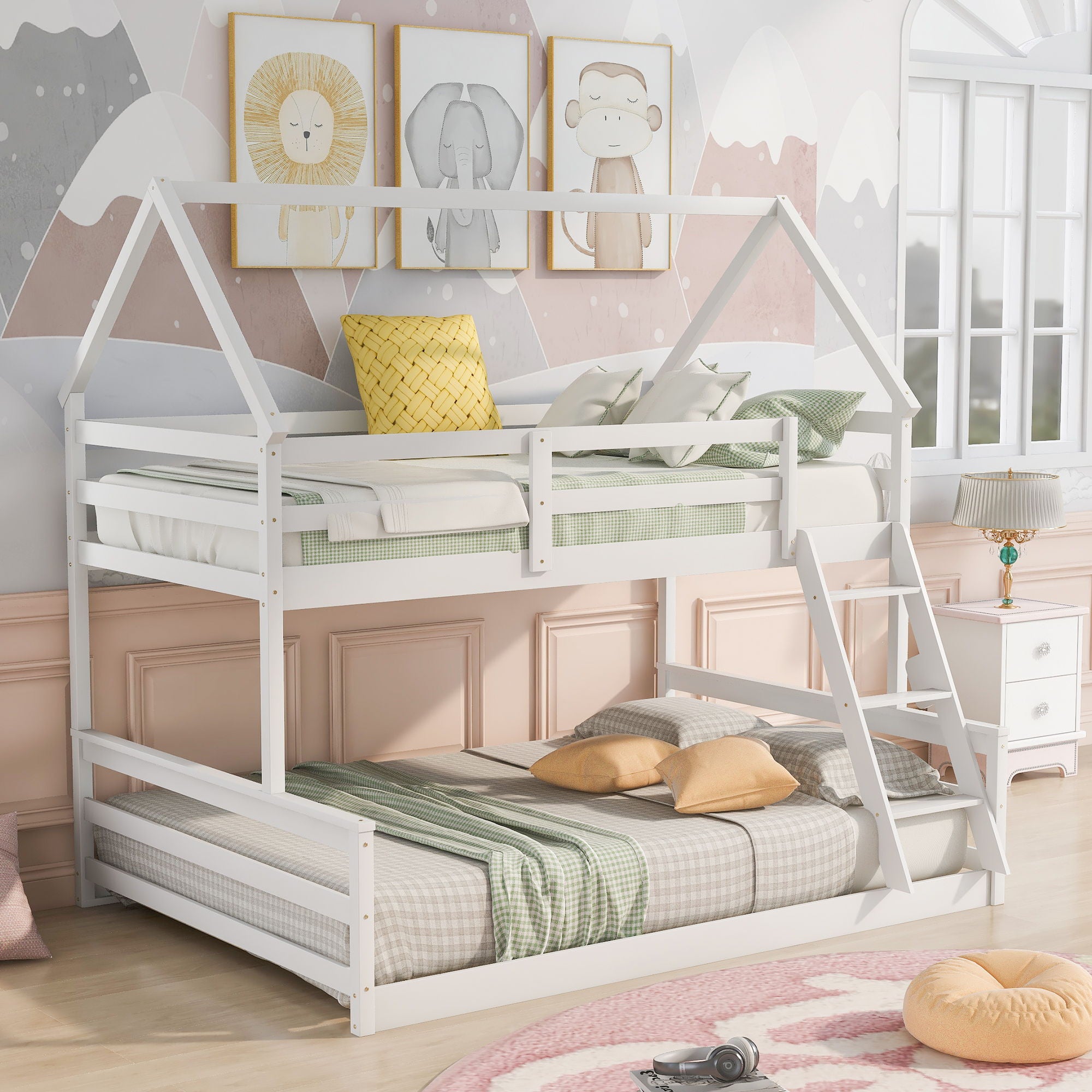 Twin Over Full House Bunk Bed With Built-In Ladder