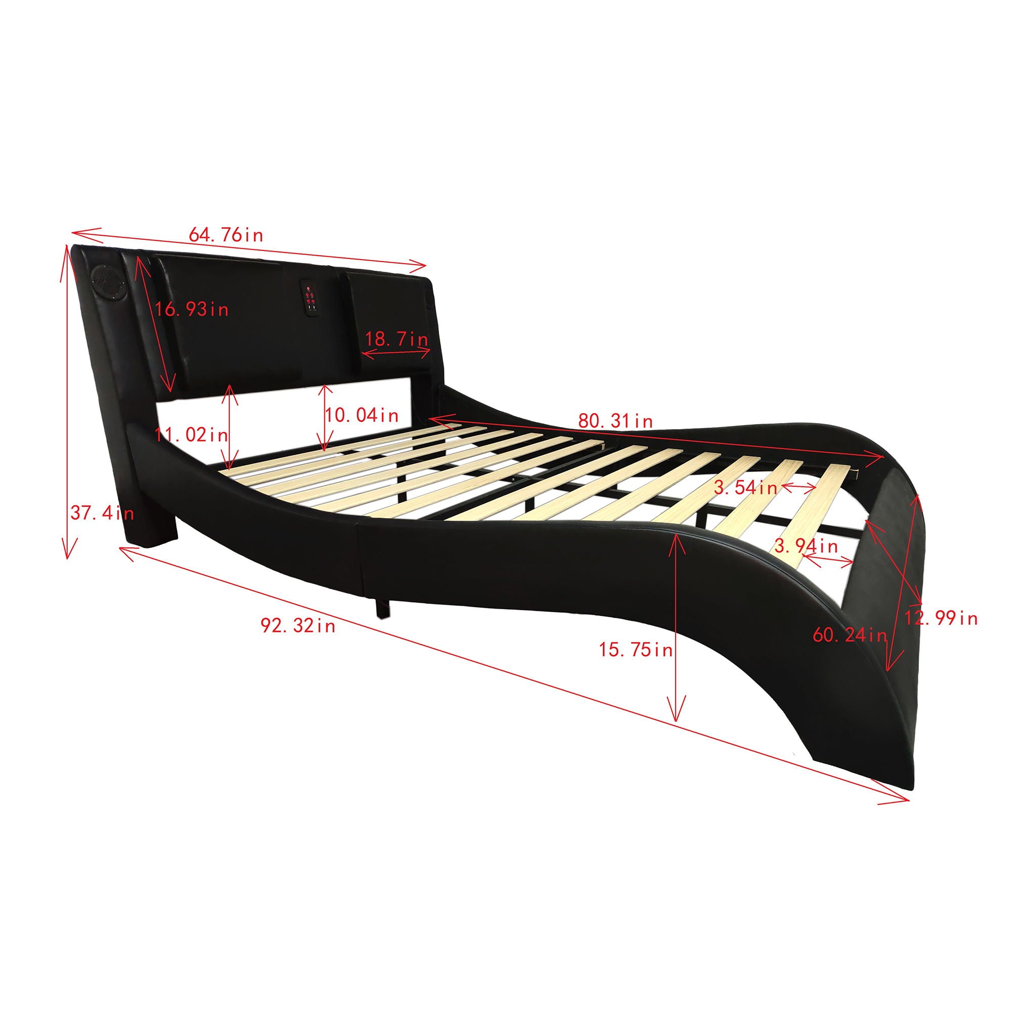 Upholstered Platform Bed Frame With LED Lighting, Bluetooth Connection To Play Music Control, Backrest Vibration Massage, Curve Design, Wood Slat Support, Exhibited Speakers