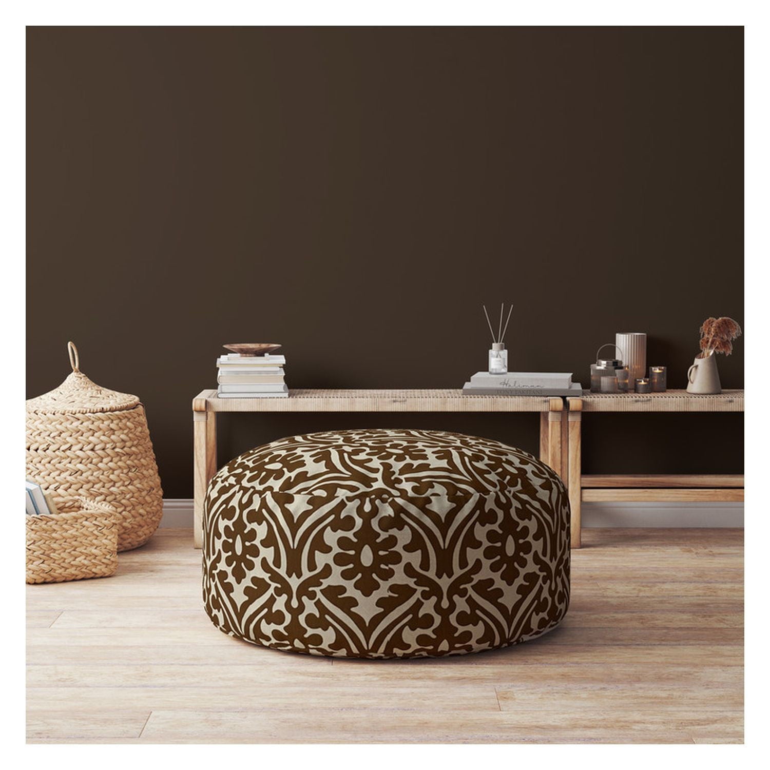 Cotton Round Damask Pouf Ottoman - Brown