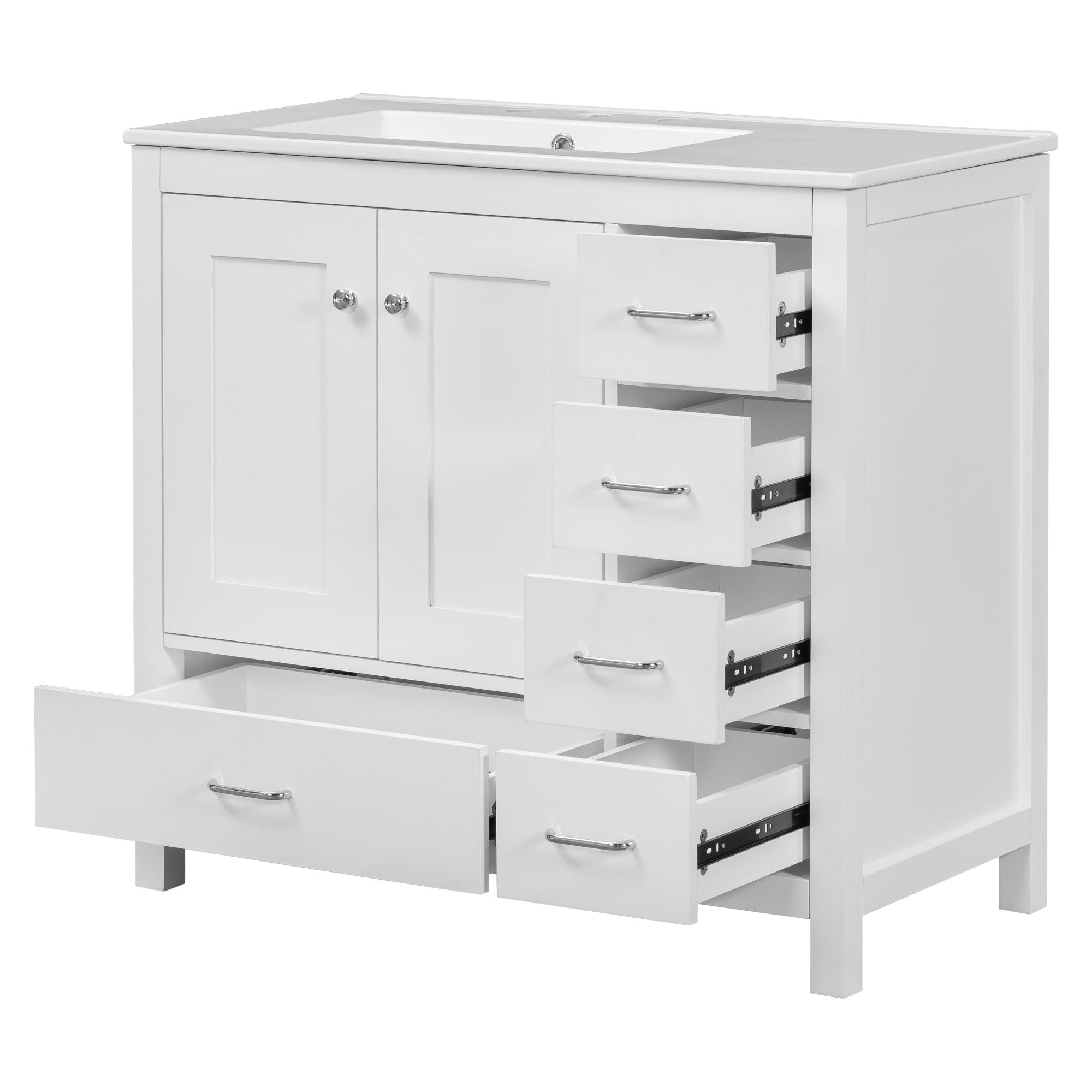 Bathroom Vanity With Ceramic Sink Combo, Abundant Storage Cabinet -2 Soft-Close Doors And 5 Drawers