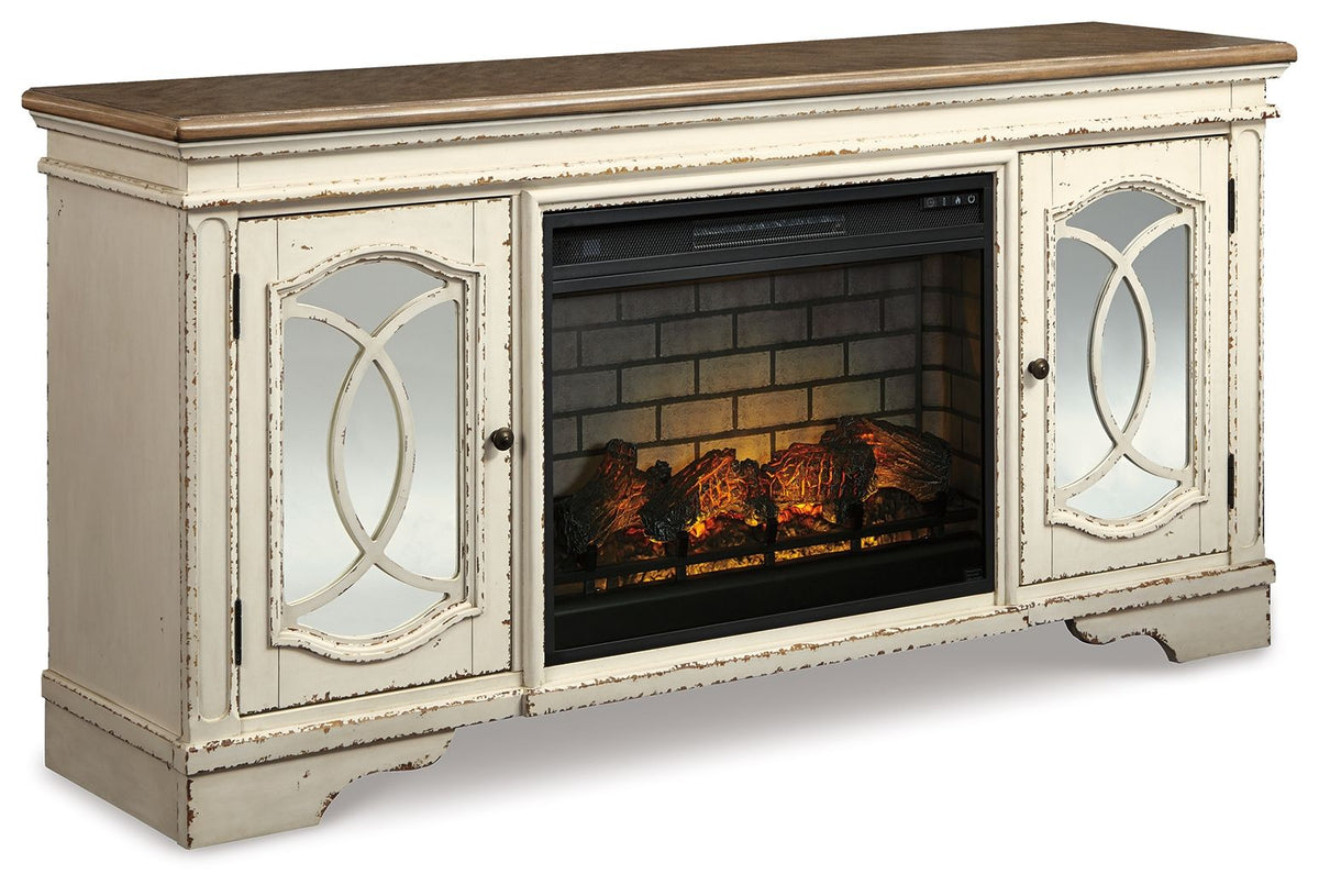 Realyn - Chipped White - 2 Pc. - 74" TV Stand with Electric Infrared Fireplace Insert by Signature Design by Ashley® | Bel Furniture