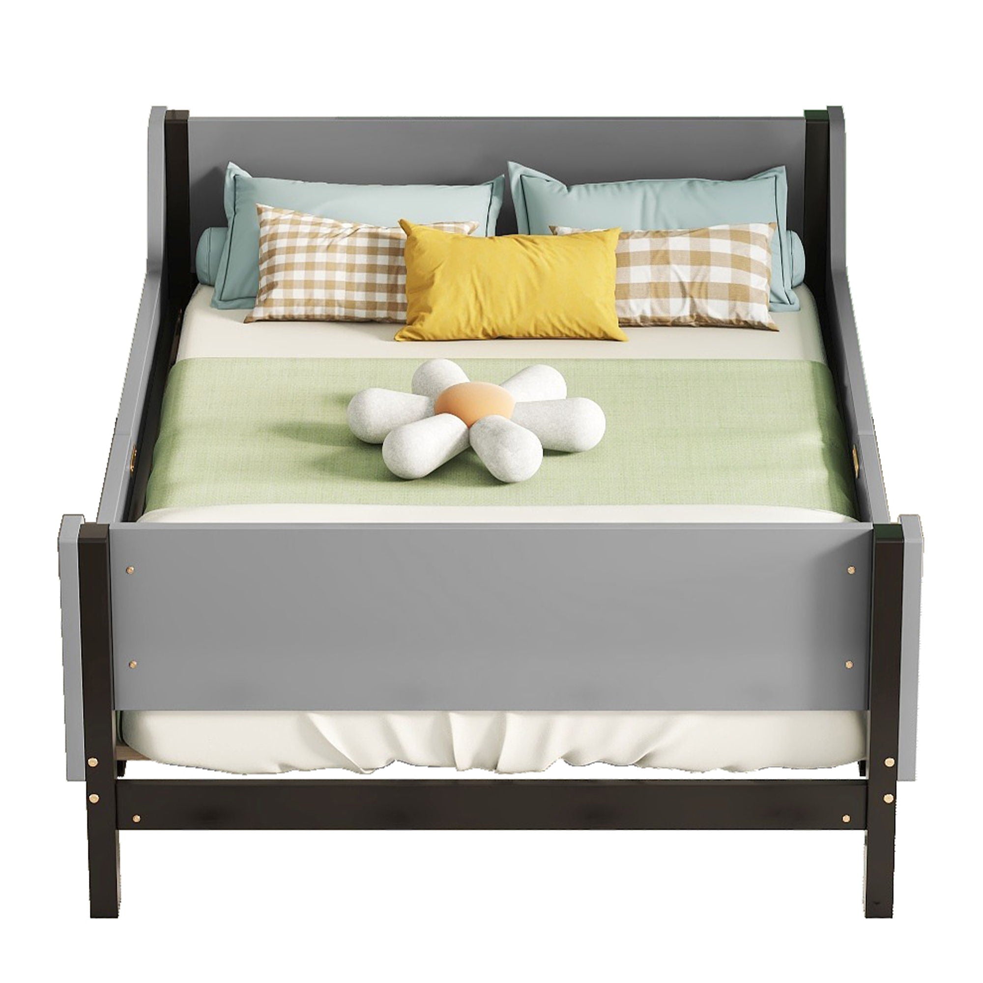 Bed With Headboard, Footboard, Safeguards, Built-In Bed-End Book Storage Rack