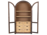 Rustic Brown Arched Glass Door Curio Cabinet with 6 Drawers
