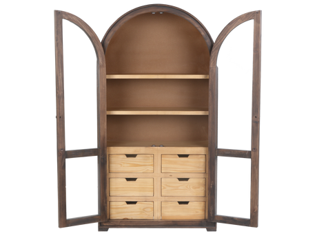 Rustic Brown Arched Glass Door Curio Cabinet with 6 Drawers - view 4
